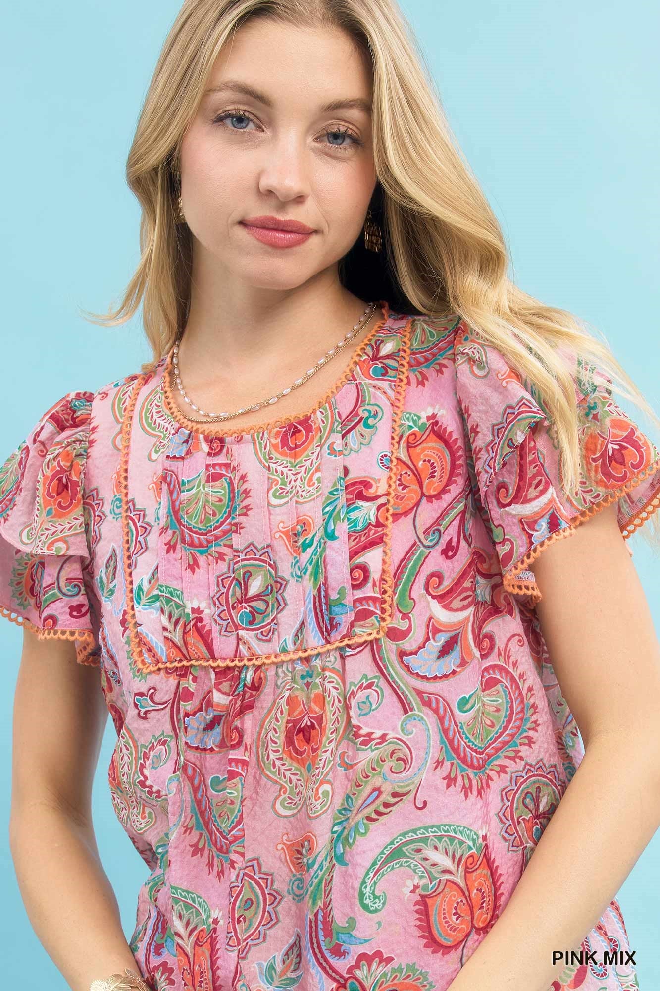 Umgee Mix Paisley Ruffle Sleeve Top - PINK / S