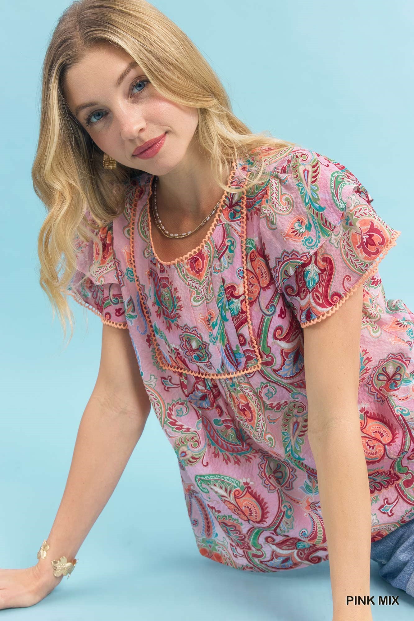Umgee Mix Paisley Ruffle Sleeve Top - PINK / S