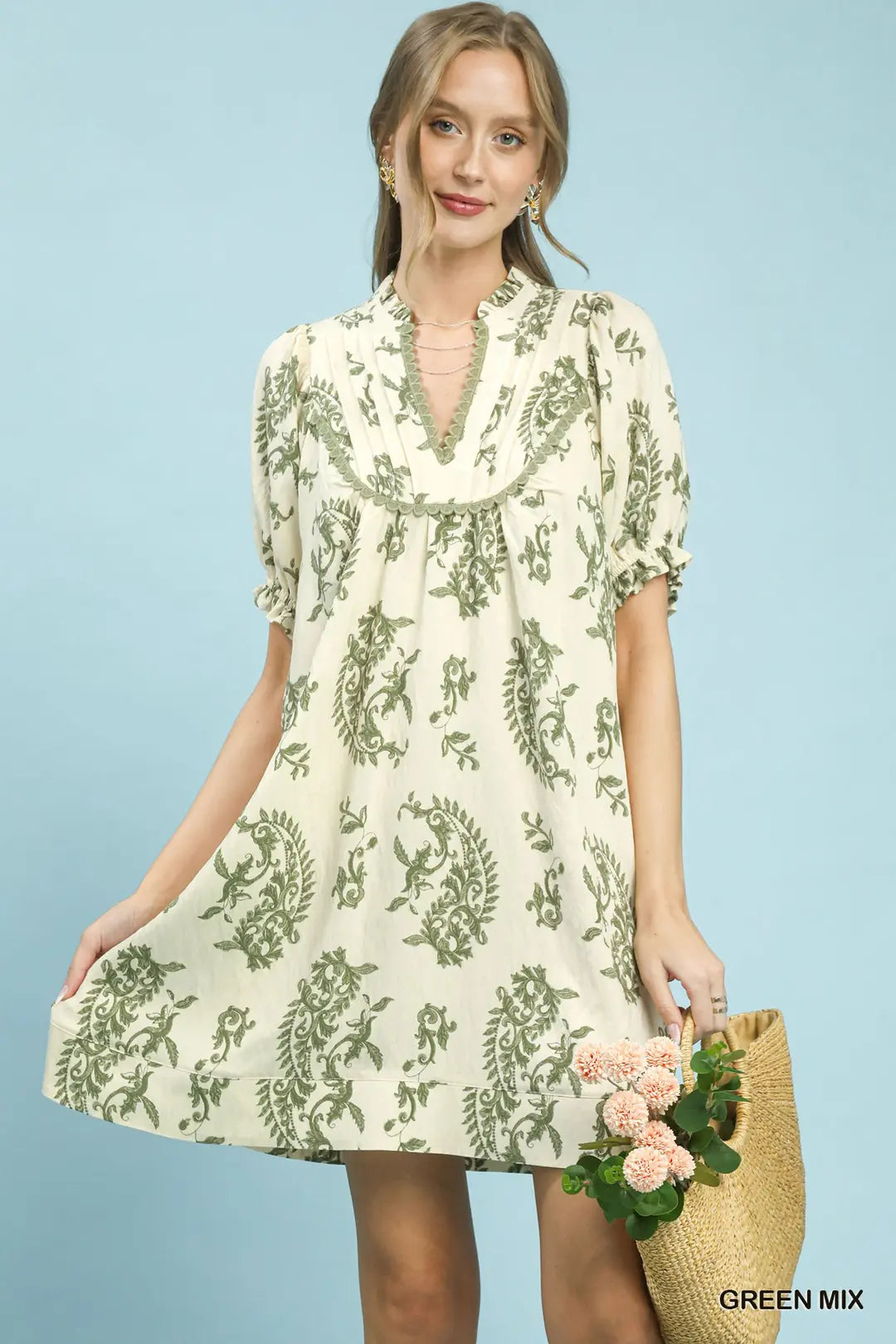Umgee Mix Paisley Scallop Trim Dress - Green - GREEN MIX / S