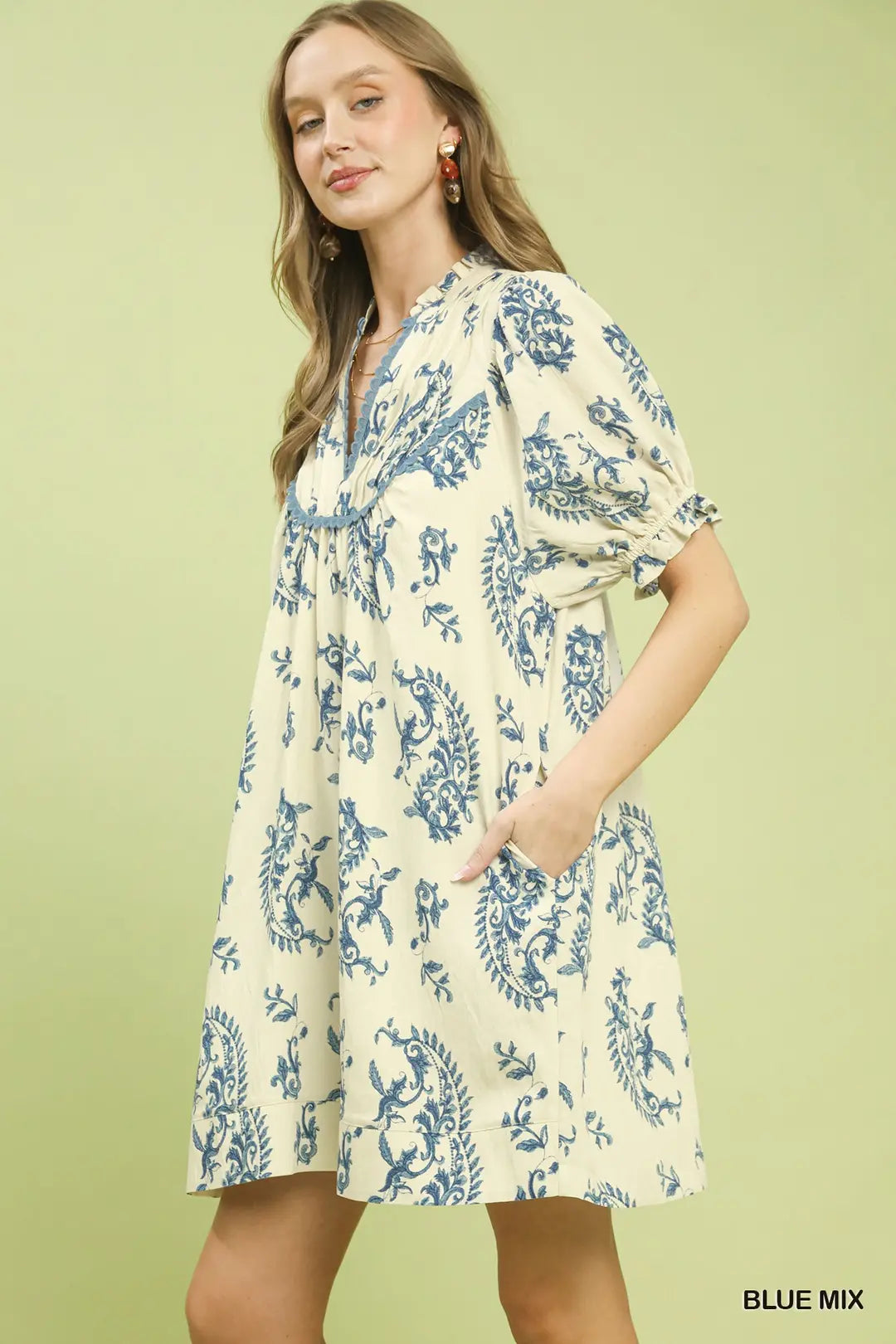Umgee Mix Paisley Scallop Trim Dress - Blue - BLUE MIX / S
