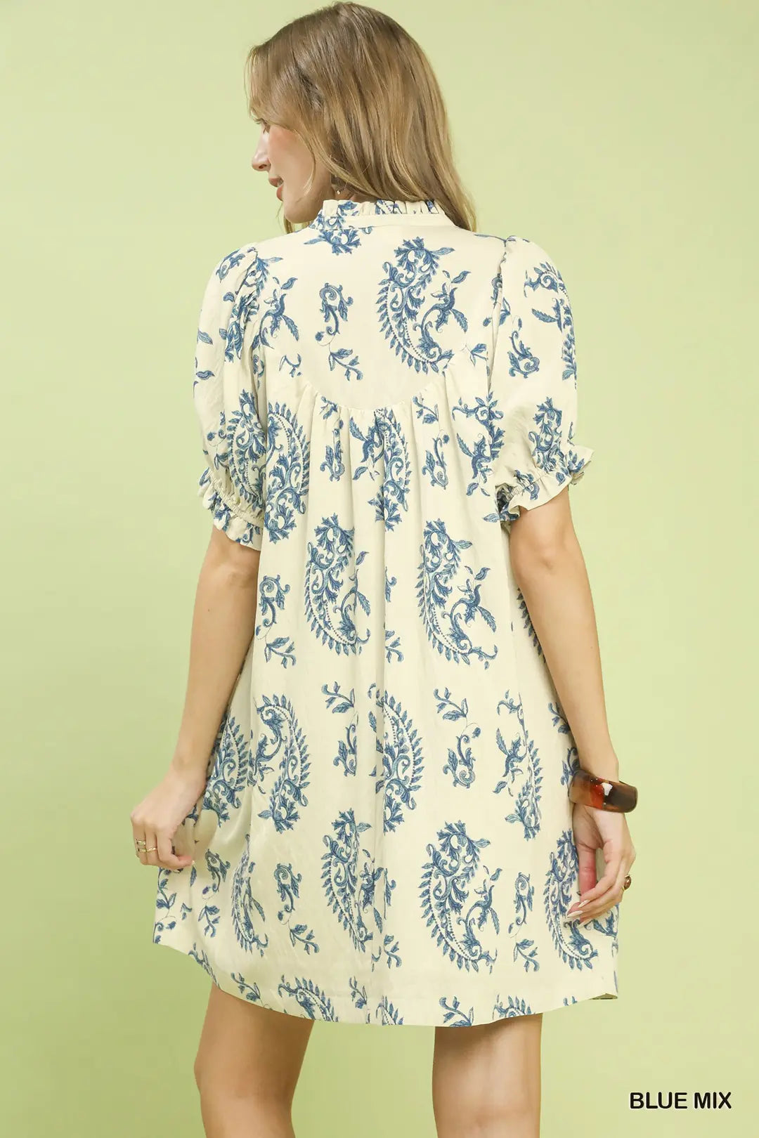 Umgee Mix Paisley Scallop Trim Dress - Blue - BLUE MIX / S