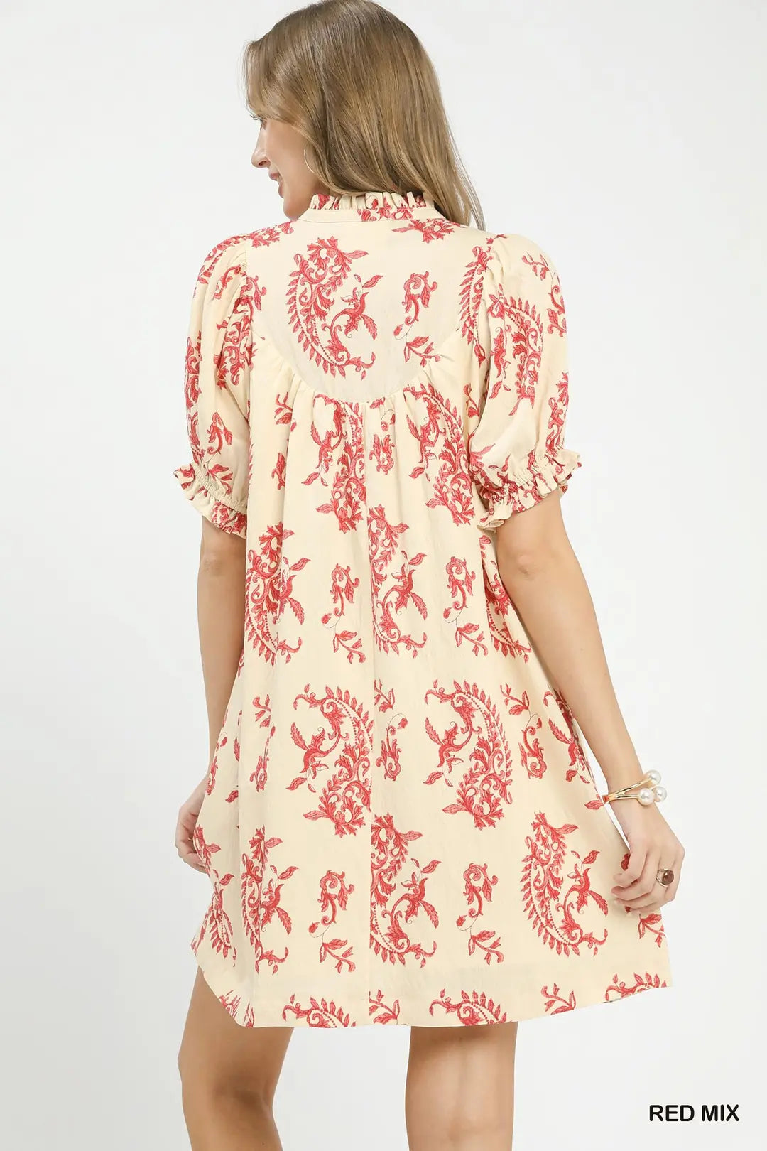 Umgee Mix Paisley Scallop Trim Dress - Red - RED MIX / S