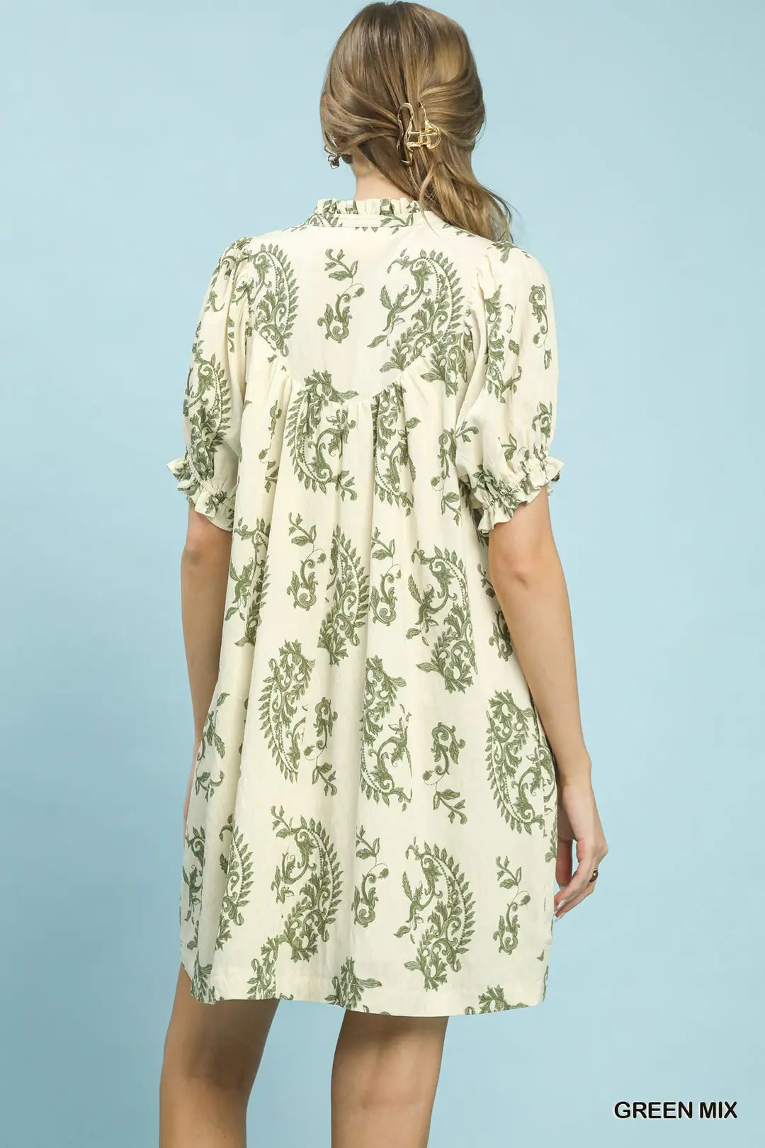 Umgee Mix Paisley Scallop Trim Dress - Green - GREEN MIX / S