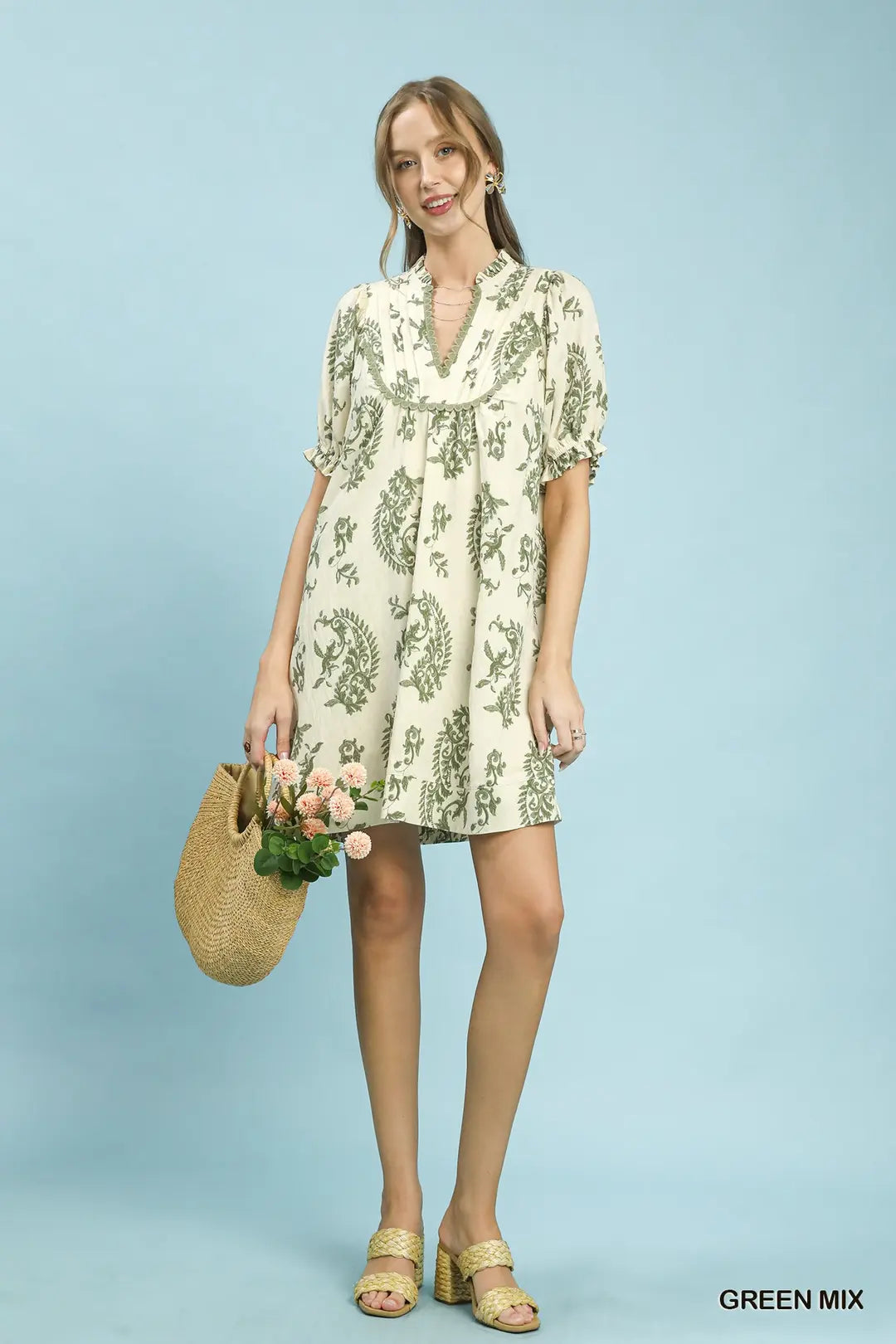 Umgee Mix Paisley Scallop Trim Dress - Green - GREEN MIX / S