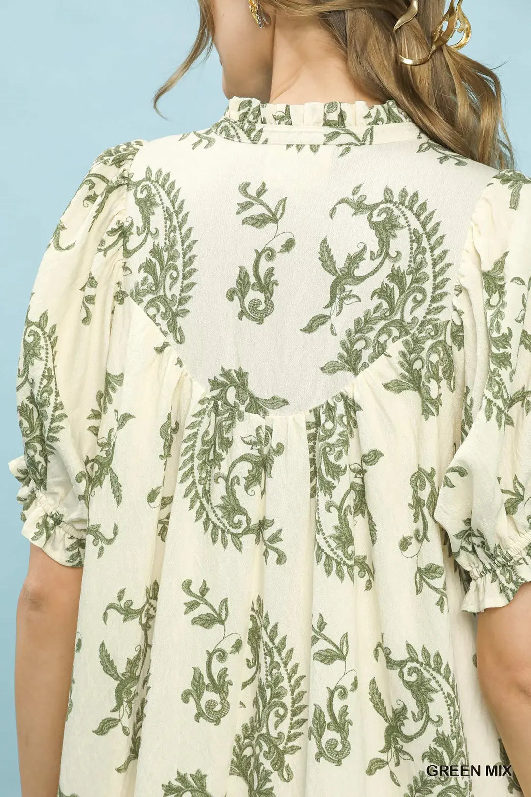 Umgee Mix Paisley Scallop Trim Dress - Green - GREEN MIX / S