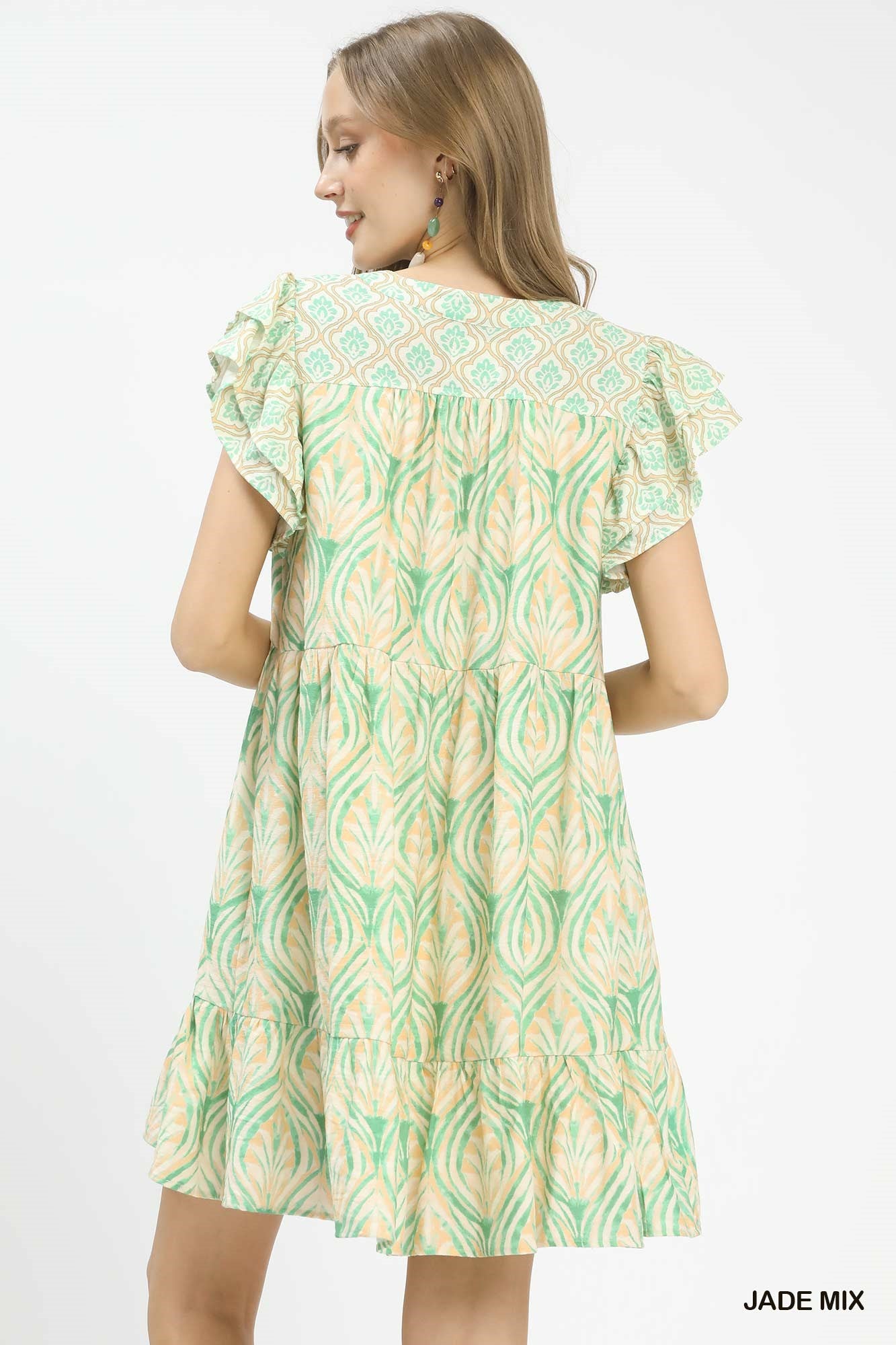Umgee Mix Printed Flutter Sleeve Dress - JADE MIX / S