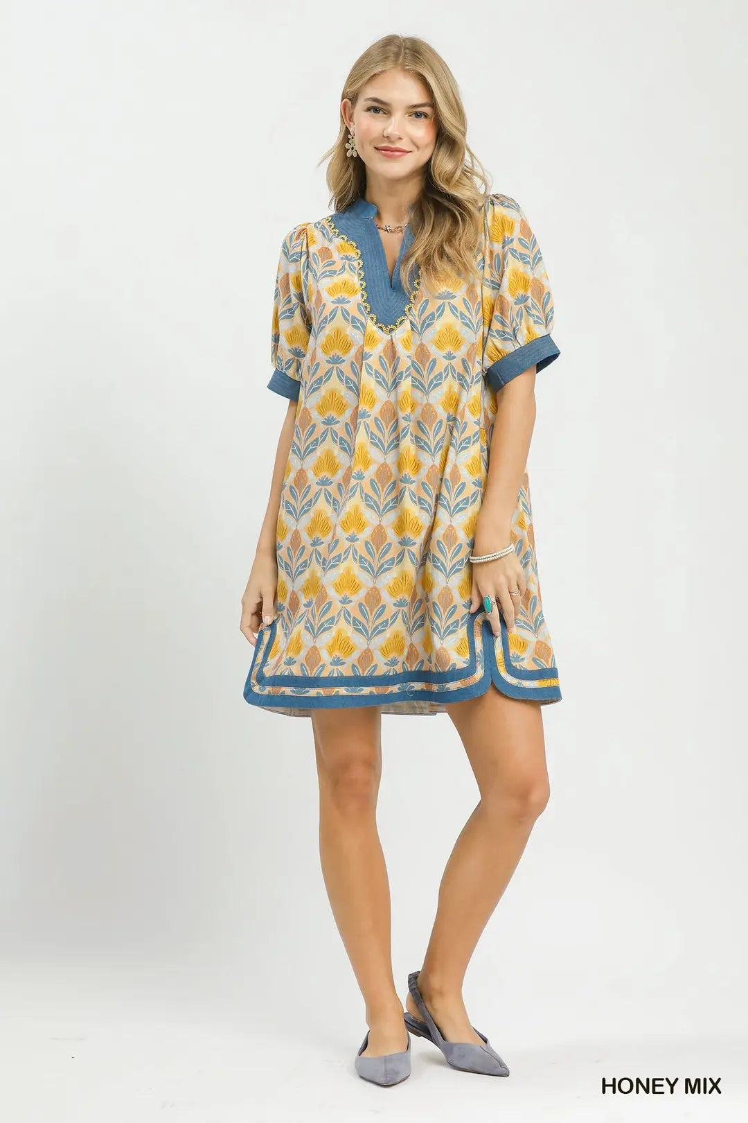 Umgee Mix Tile Print Mini Dress - HONEY MIX / S