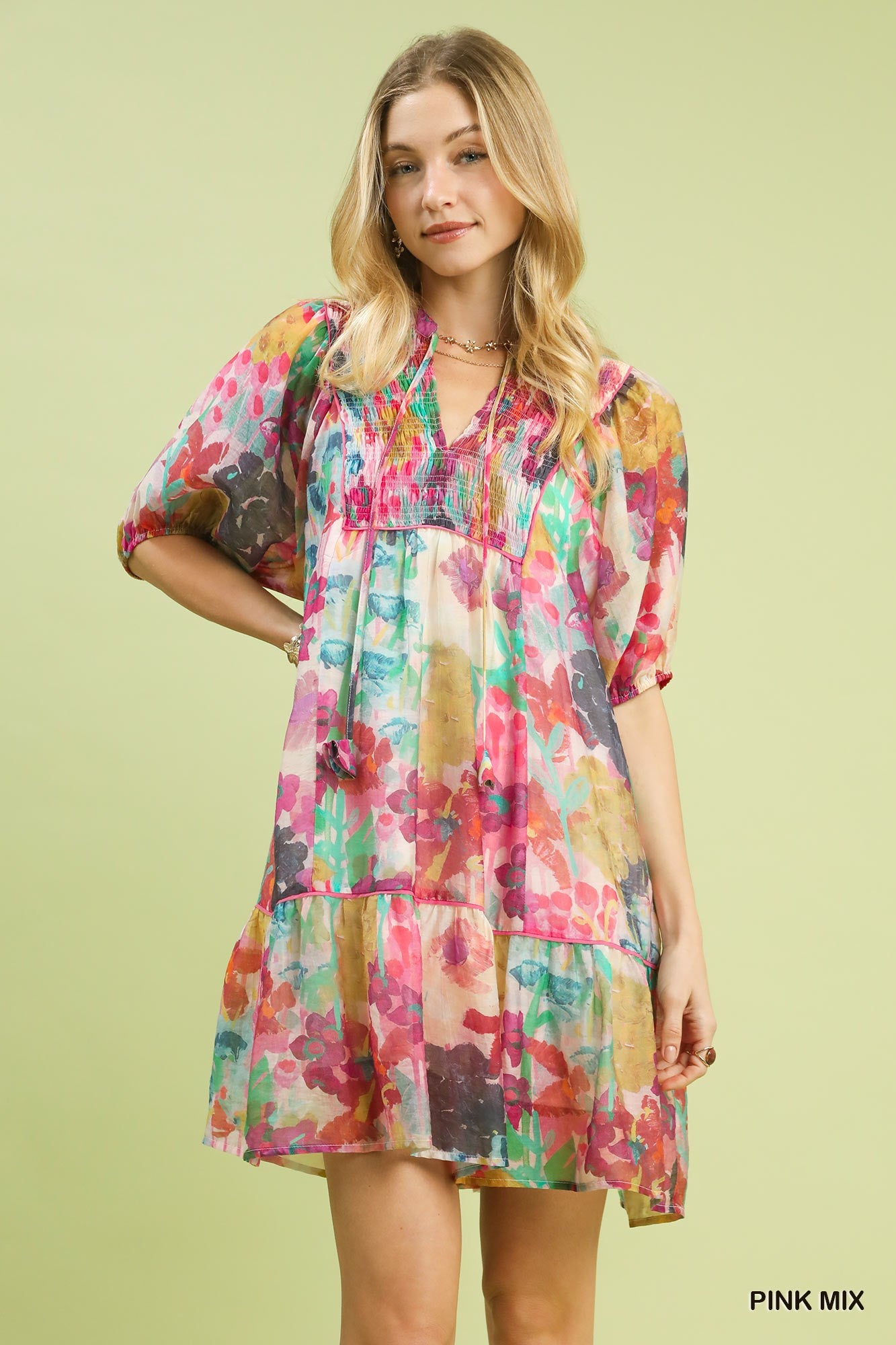 Umgee Mix Watercolor Floral Babydoll Dress - PINK / S
