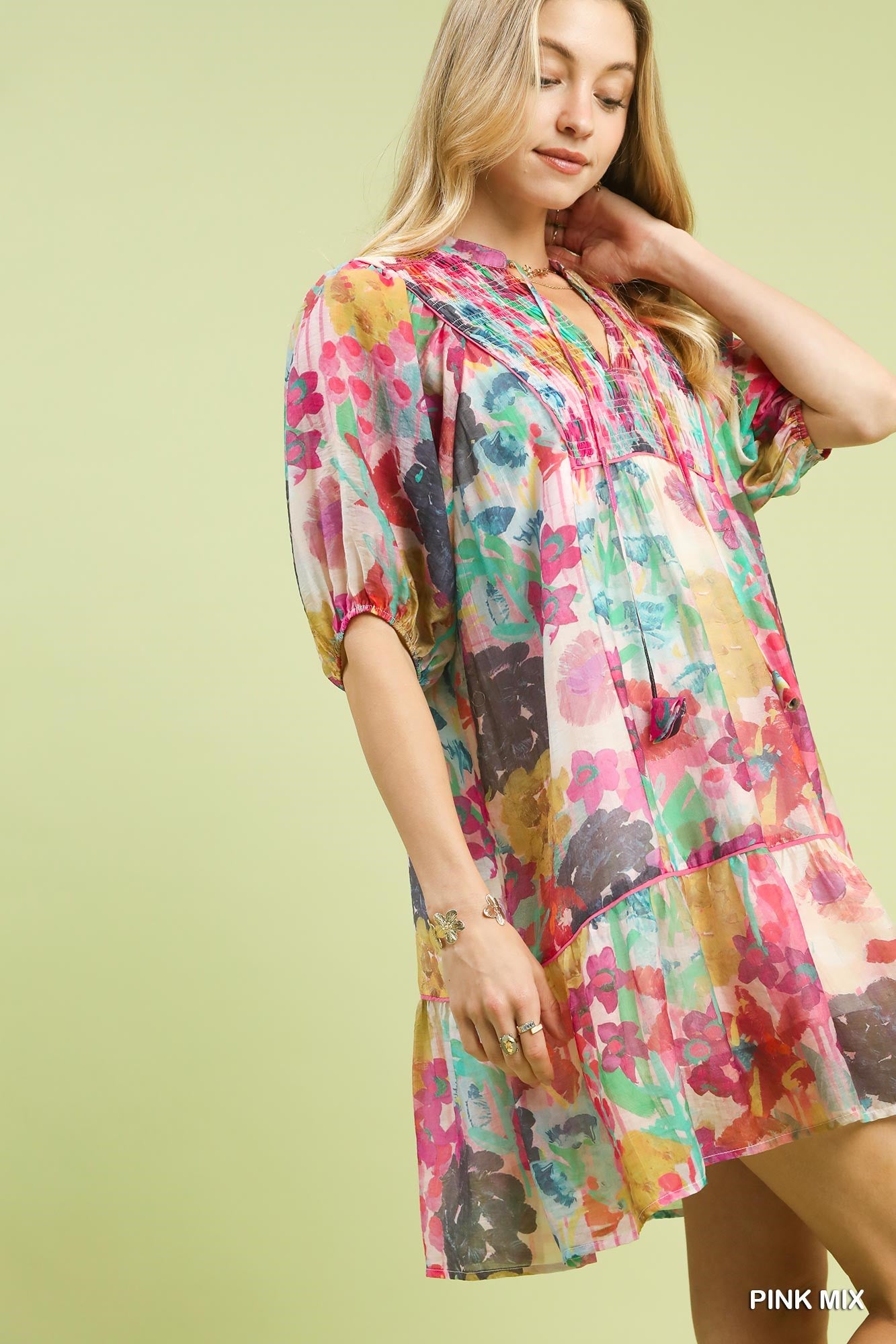 Umgee Mix Watercolor Floral Babydoll Dress - PINK / S