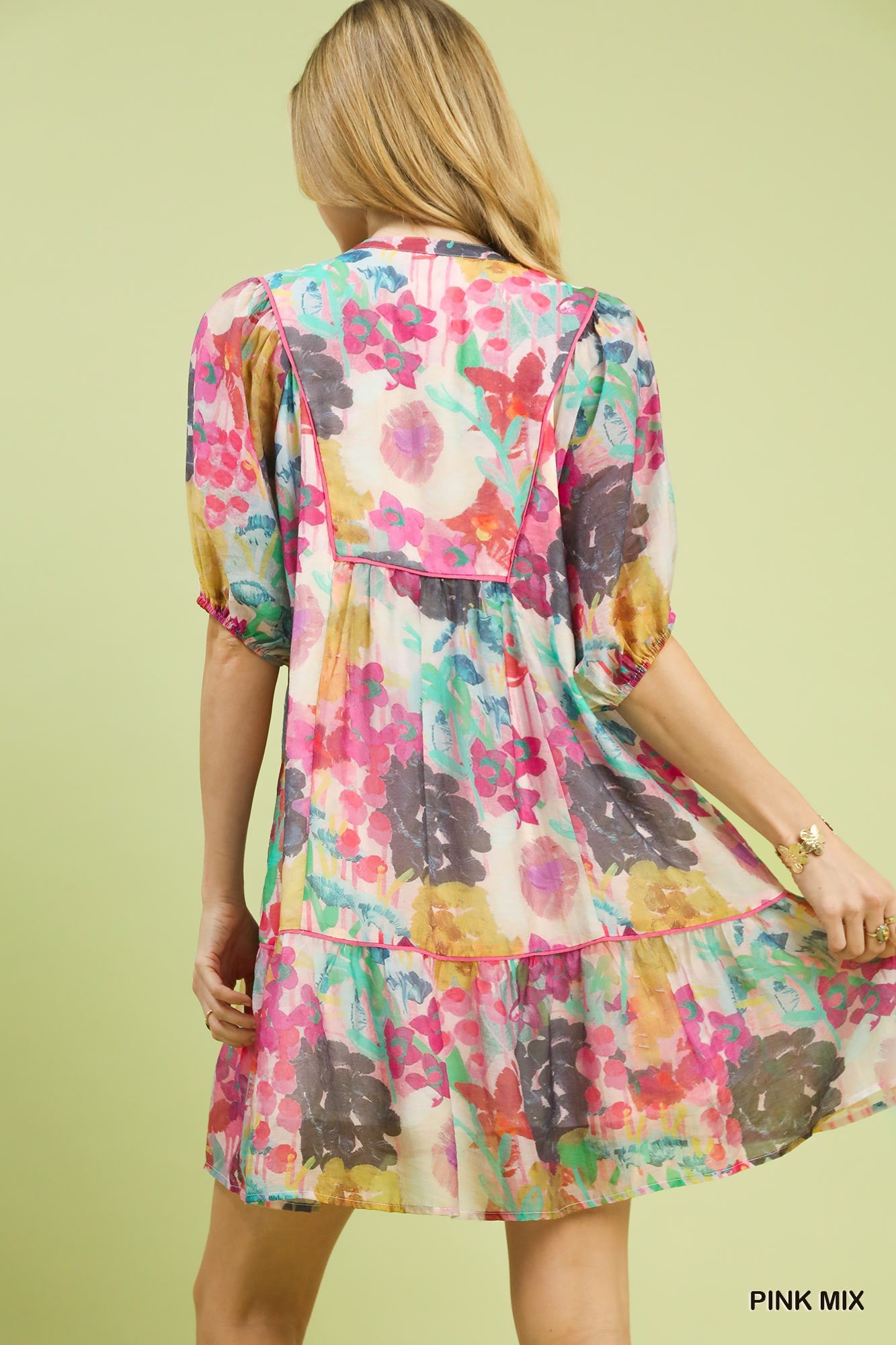 Umgee Mix Watercolor Floral Babydoll Dress - PINK / S