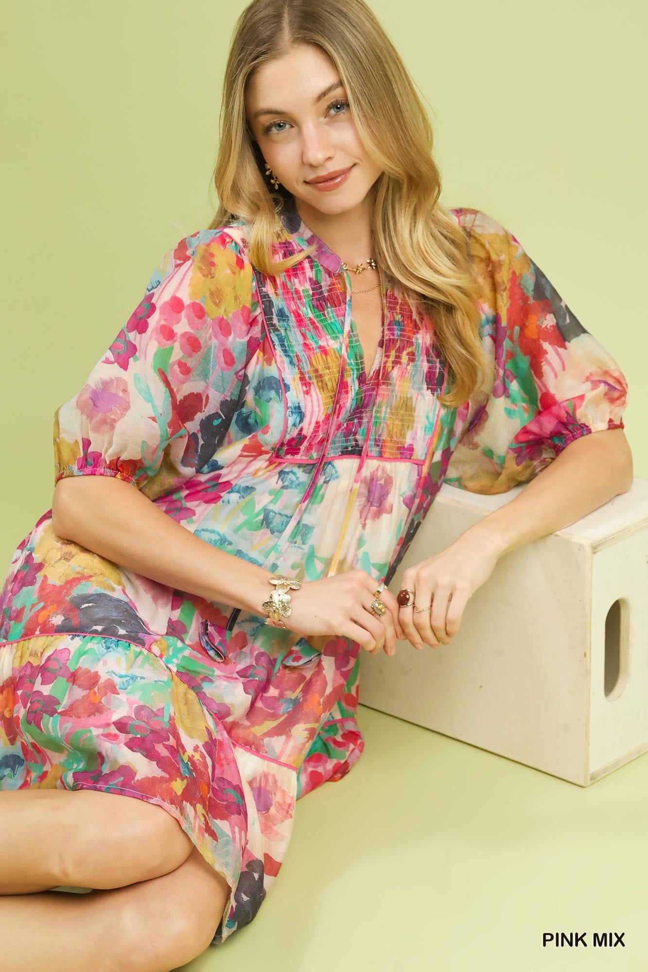 Umgee Mix Watercolor Floral Babydoll Dress - PINK / S