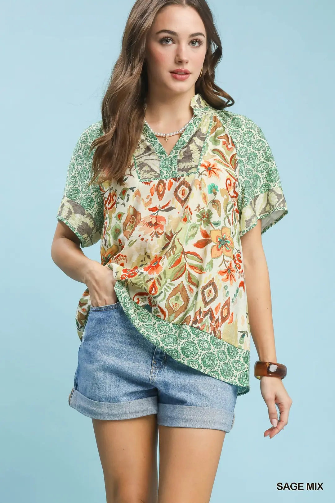 Umgee Mixed Print V-Neck Short Sleeve Top - SAGE / S