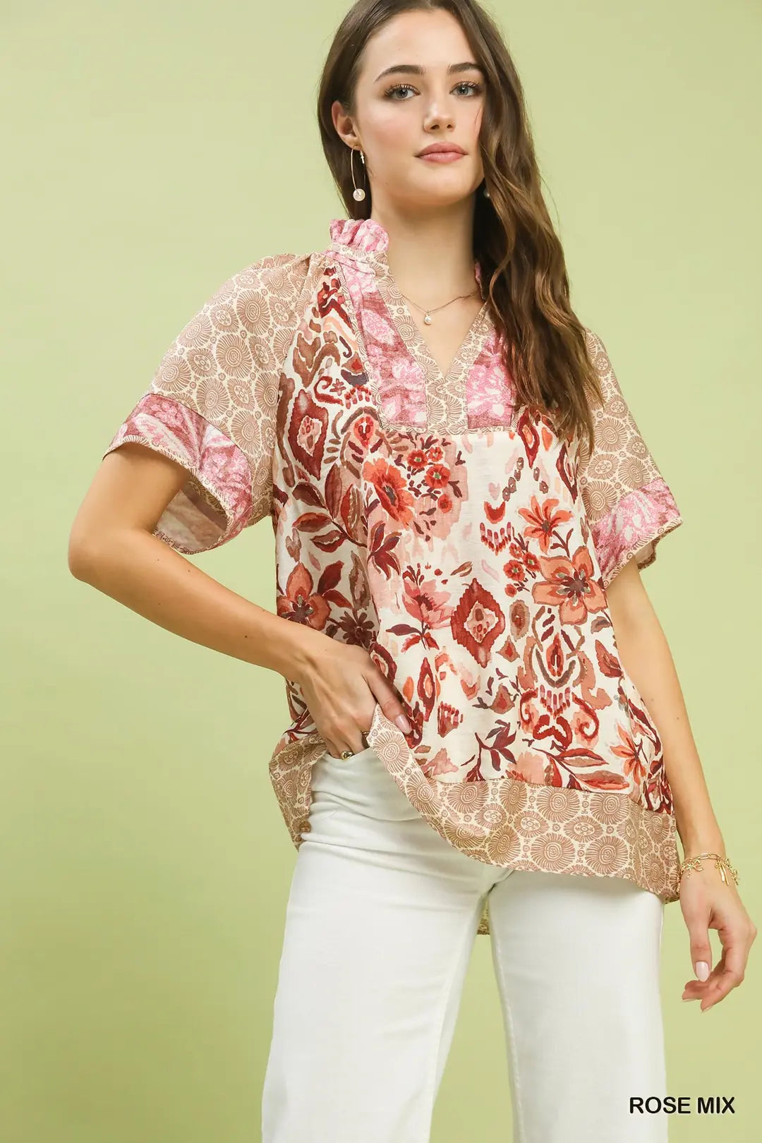 Umgee Mixed Print V-Neck Short Sleeve Top - Rose - ROSE / S