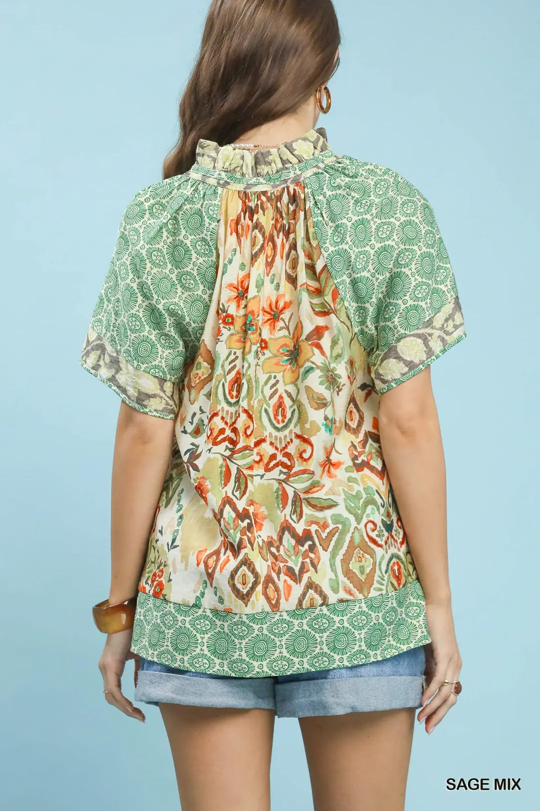 Umgee Mixed Print V-Neck Short Sleeve Top - SAGE / S