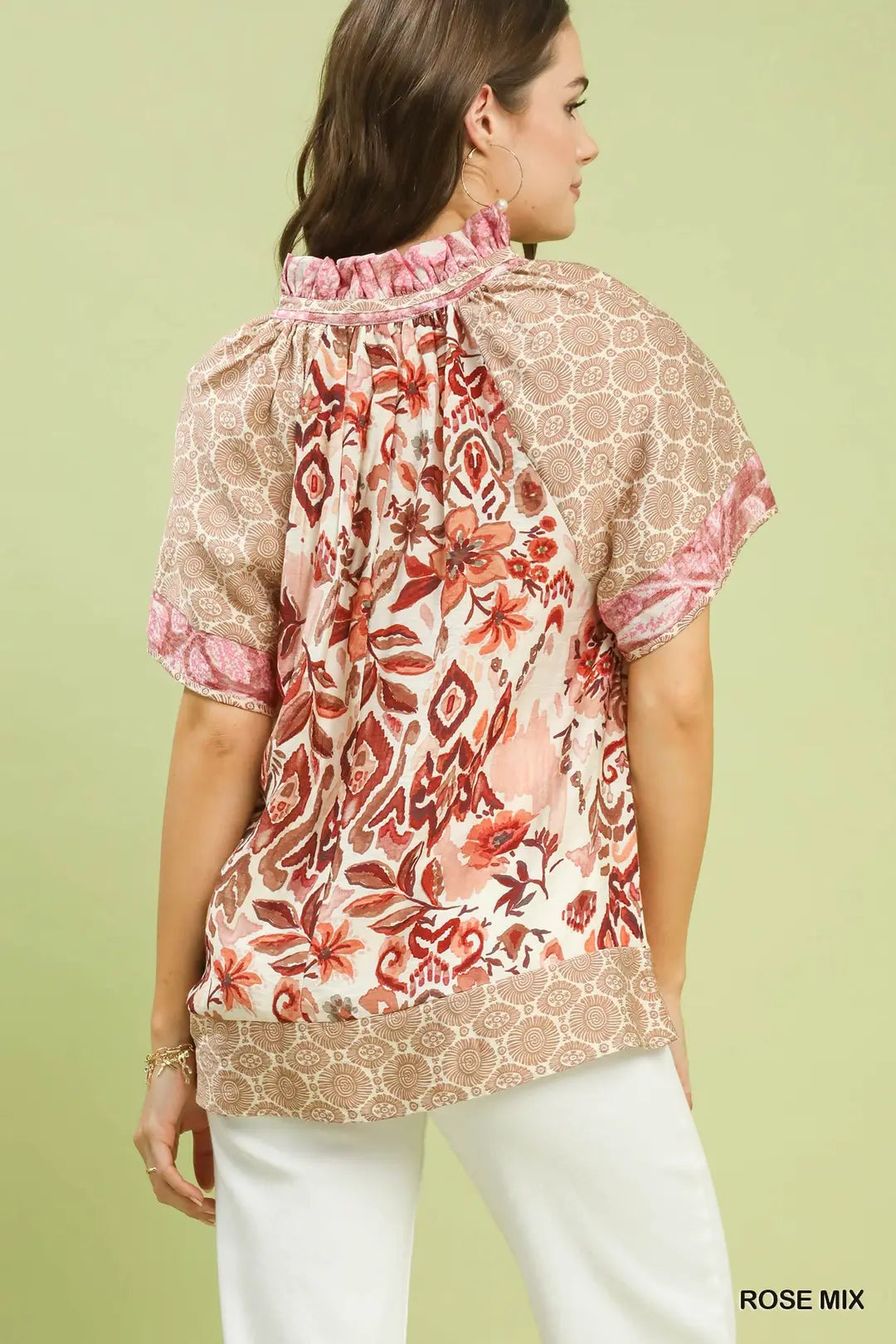 Umgee Mixed Print V-Neck Short Sleeve Top - Rose - ROSE / S