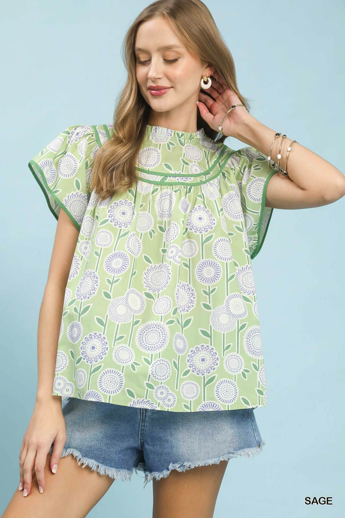 Umgee Retro Floral Smocked Babydoll Blouse - SAGE / S