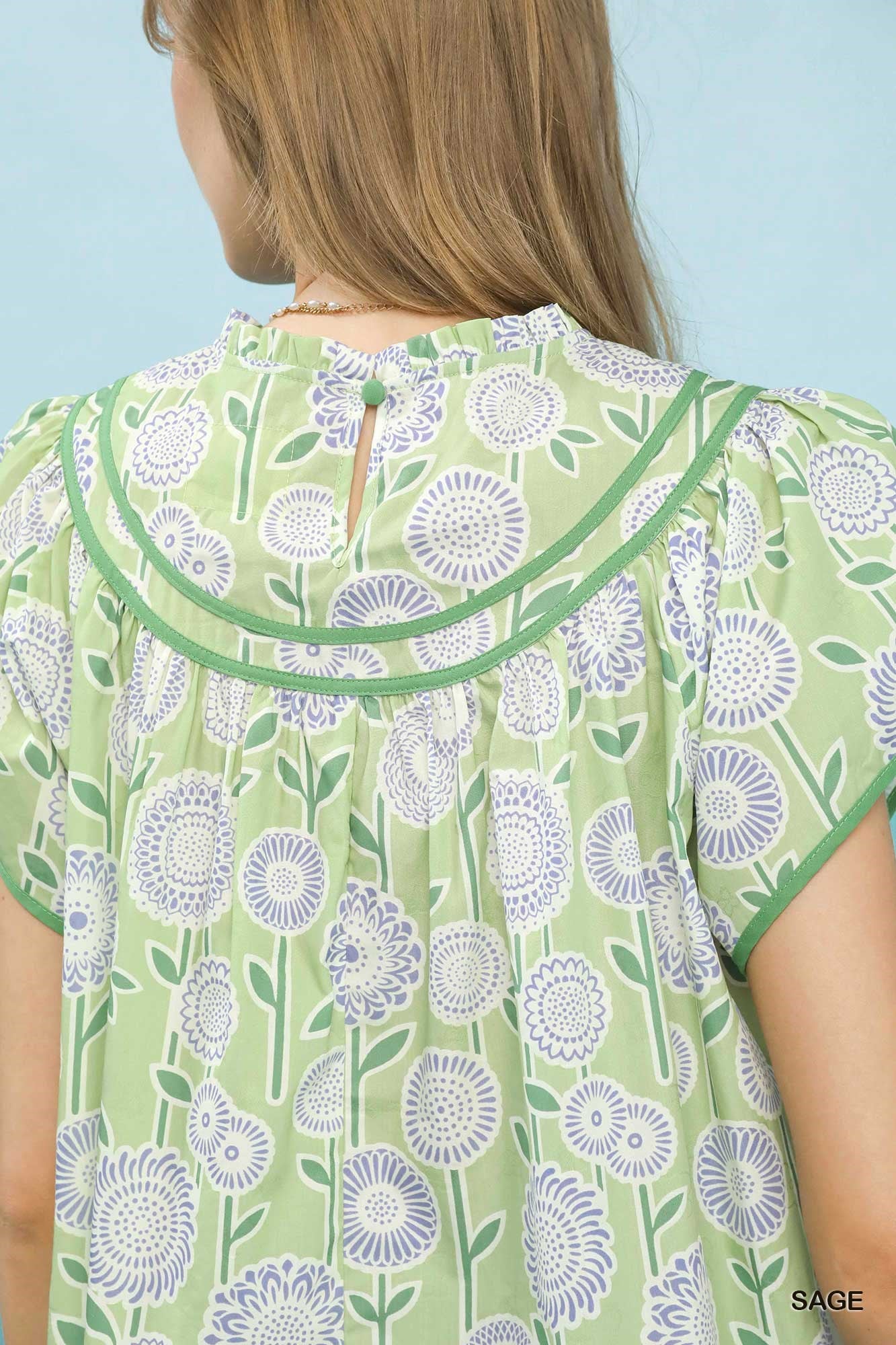 Umgee Retro Floral Smocked Babydoll Blouse - SAGE / S