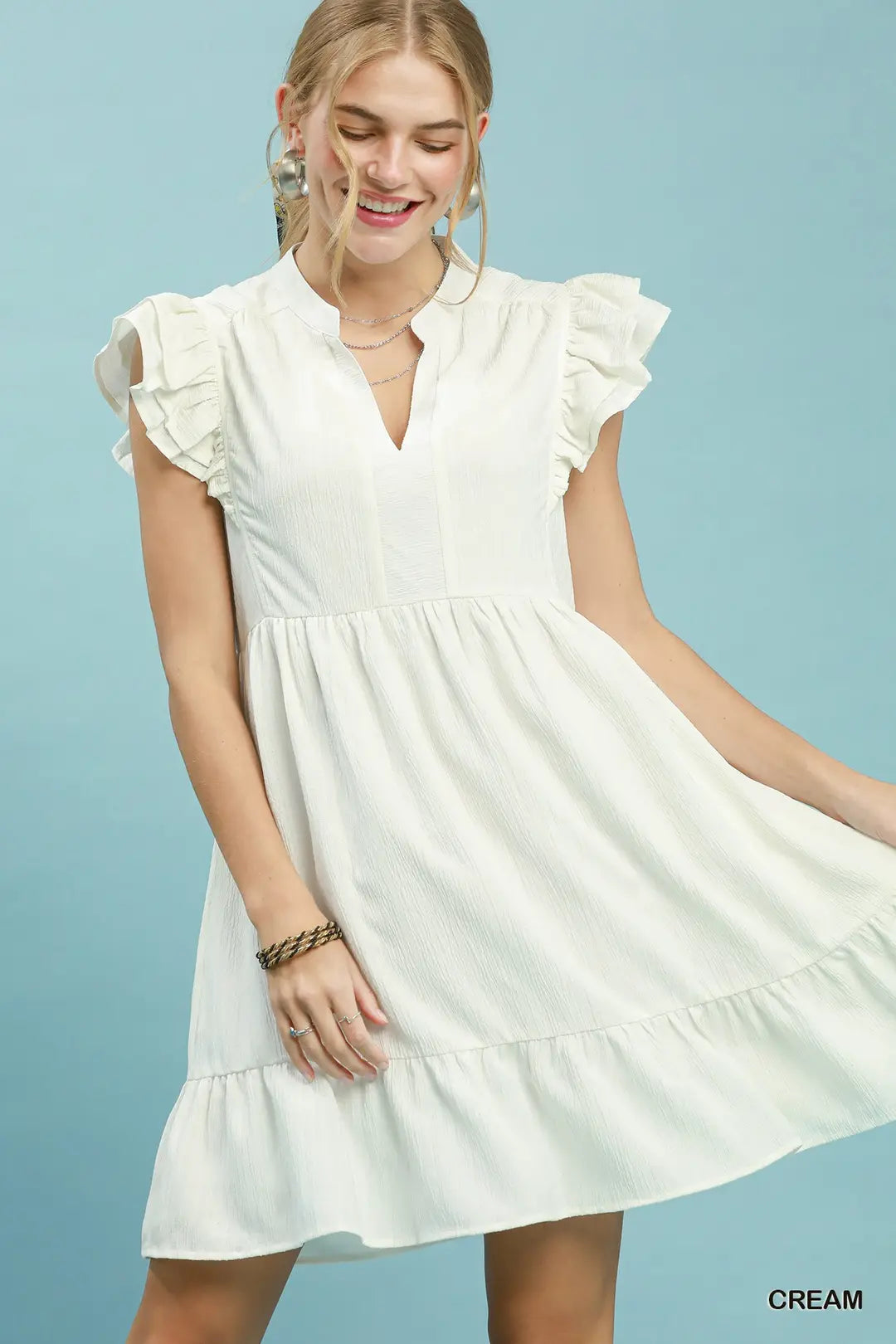 Umgee Ruffle Sleeve Babydoll Dress - CREAM / S