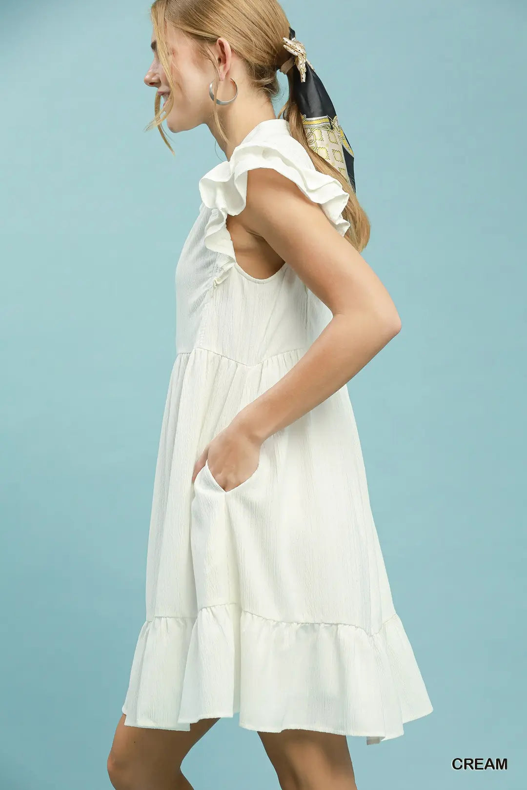 Umgee Ruffle Sleeve Babydoll Dress - CREAM / S