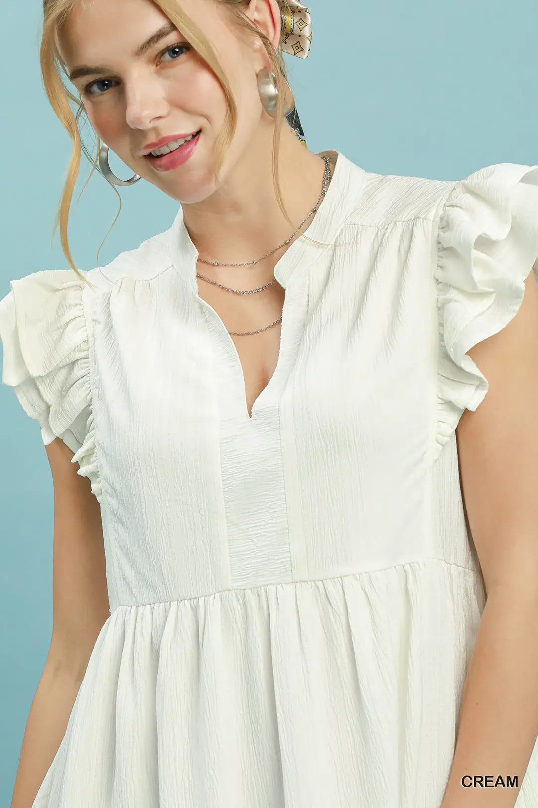 Umgee Ruffle Sleeve Babydoll Dress - CREAM / S
