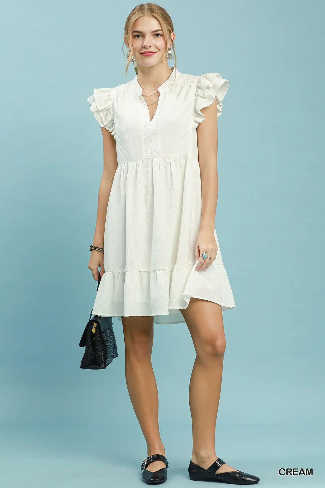 Umgee Ruffle Sleeve Babydoll Dress - CREAM / S