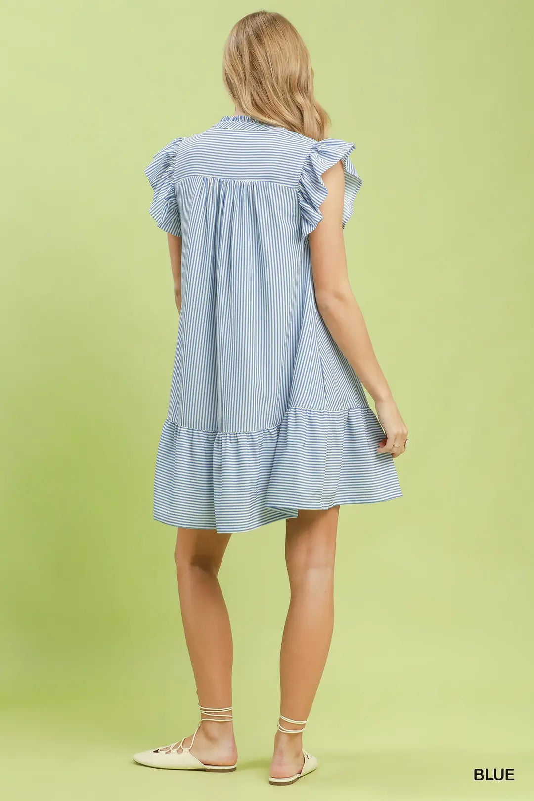 Umgee Ruffle Trim Stripe Flutter Sleeve Mini Dress - BLUE / S