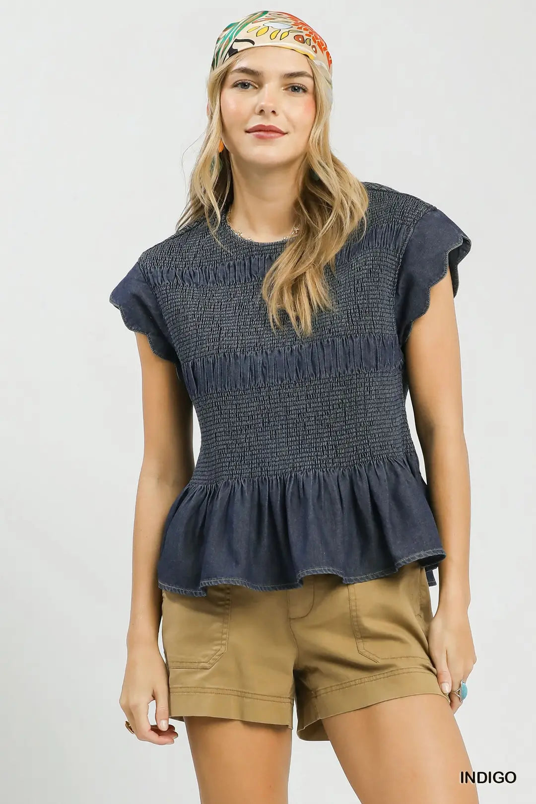 Umgee Smocked Peplum Top with Scalloped Ruffle Cap Sleeves - INDIGO / S