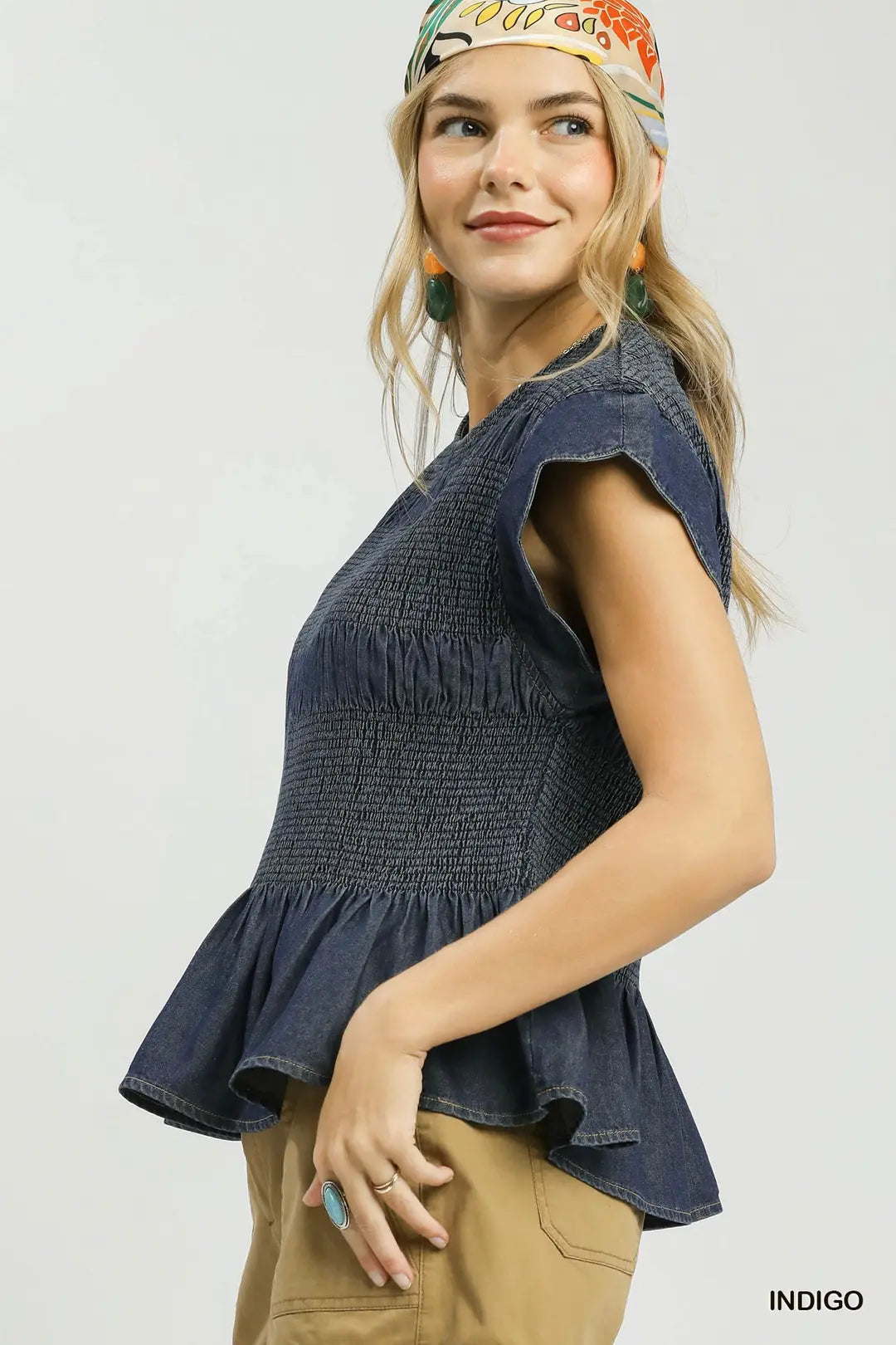 Umgee Smocked Peplum Top with Scalloped Ruffle Cap Sleeves - INDIGO / S
