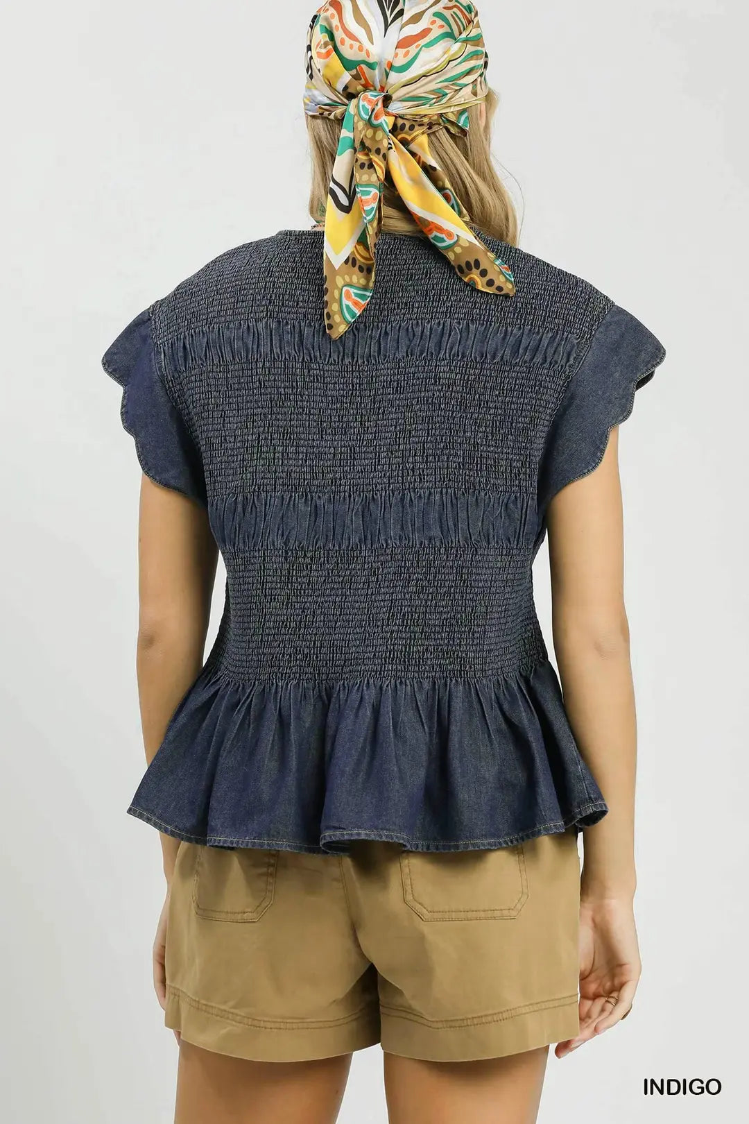Umgee Smocked Peplum Top with Scalloped Ruffle Cap Sleeves - INDIGO / S