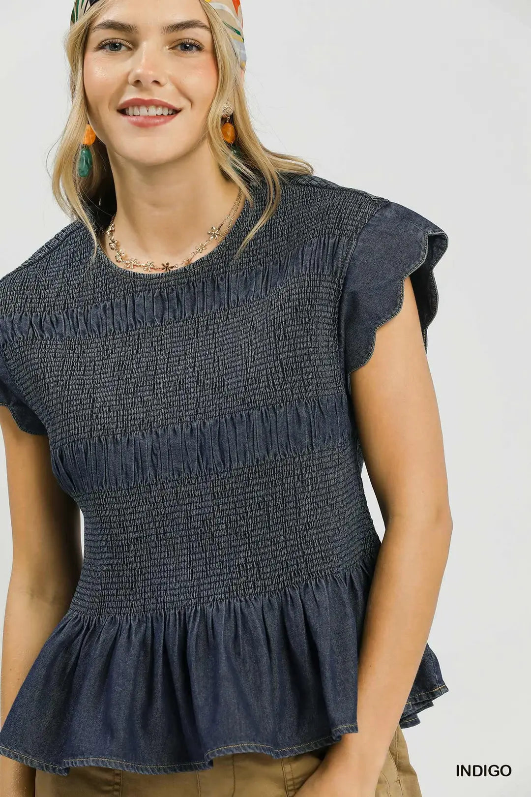 Umgee Smocked Peplum Top with Scalloped Ruffle Cap Sleeves - INDIGO / S