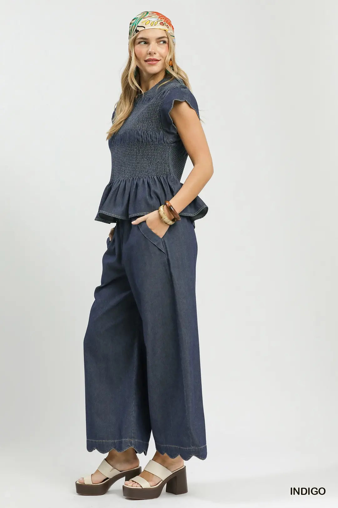 Umgee Smocked Peplum Top with Scalloped Ruffle Cap Sleeves - INDIGO / S