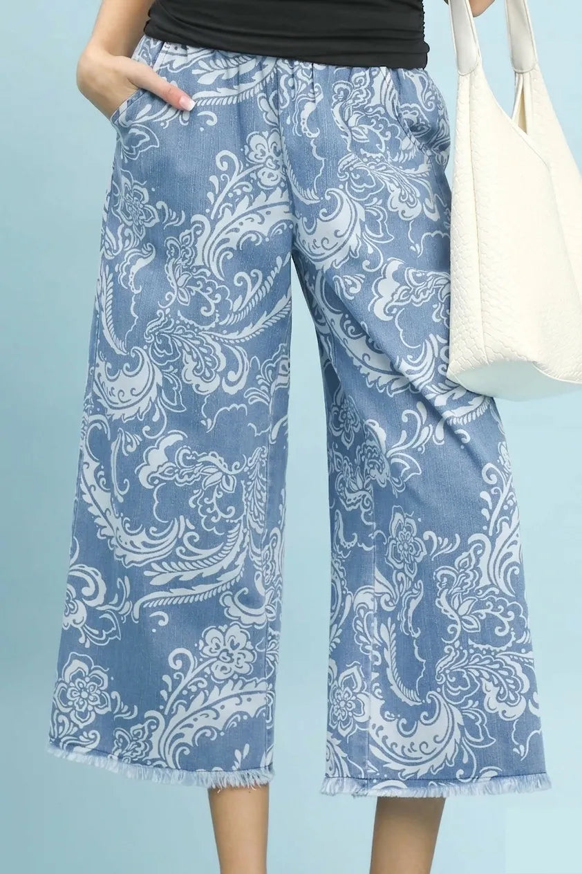 Umgee Stone Wash Wide Leg Crop Pants - LT. DENIM / S