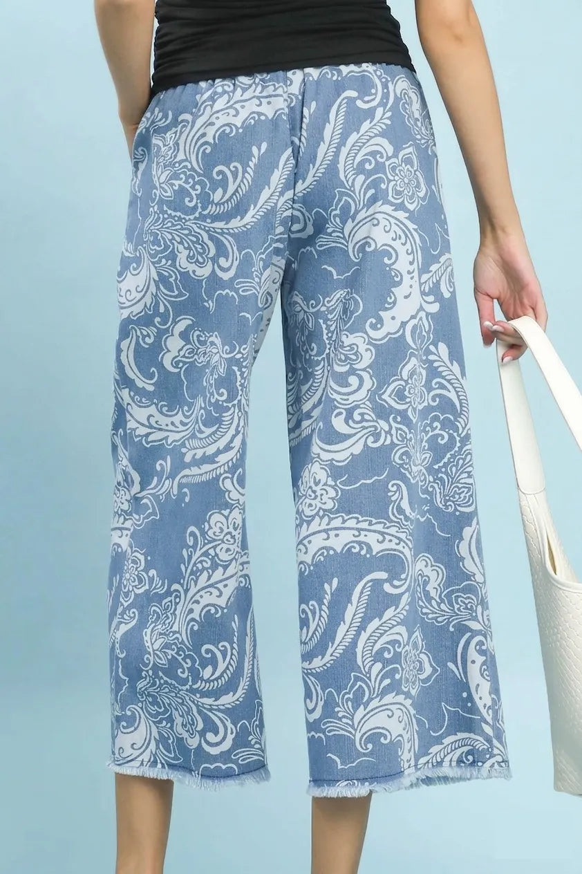 Umgee Stone Wash Wide Leg Crop Pants - LT. DENIM / S