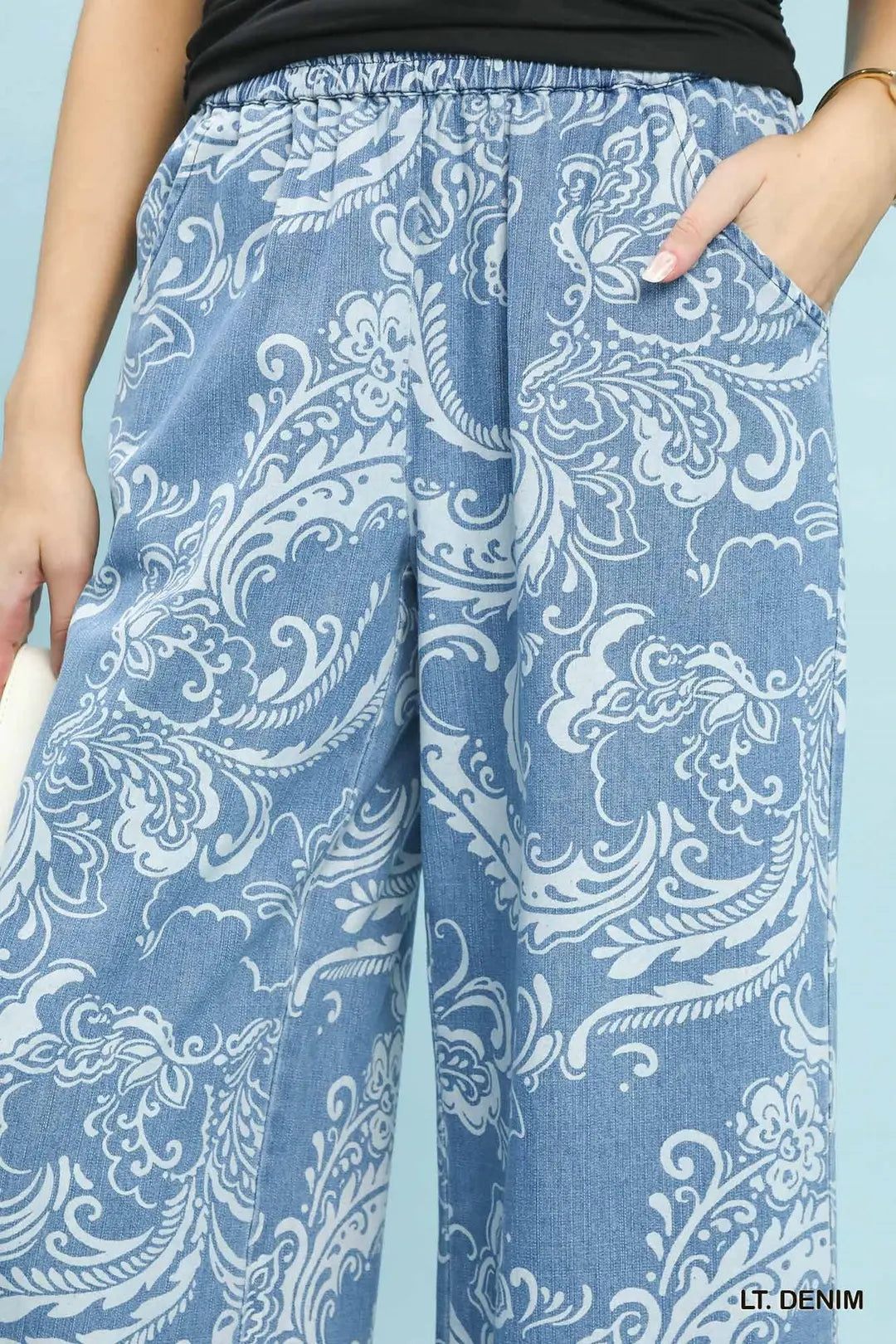 Umgee Stone Wash Wide Leg Crop Pants - LT. DENIM / S