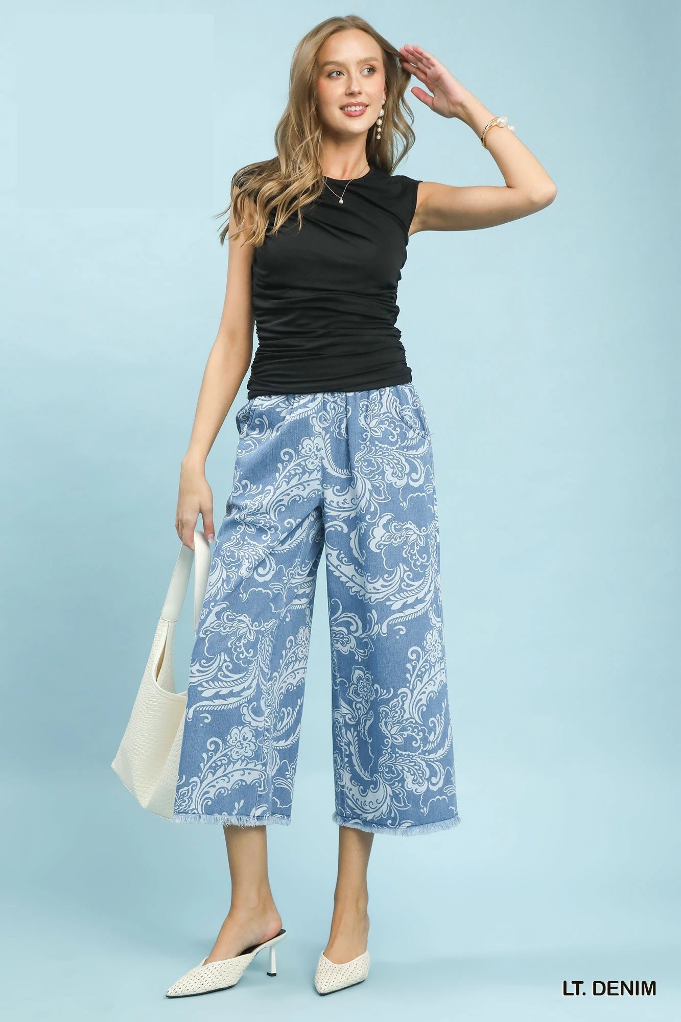 Umgee Stone Wash Wide Leg Crop Pants - LT. DENIM / S