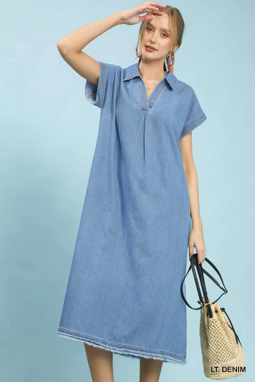 Umgee Stone Washed Collared Denim Midi Dress - LT. DENIM / S