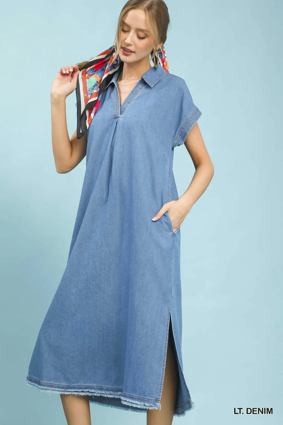 Umgee Stone Washed Collared Denim Midi Dress - LT. DENIM / S