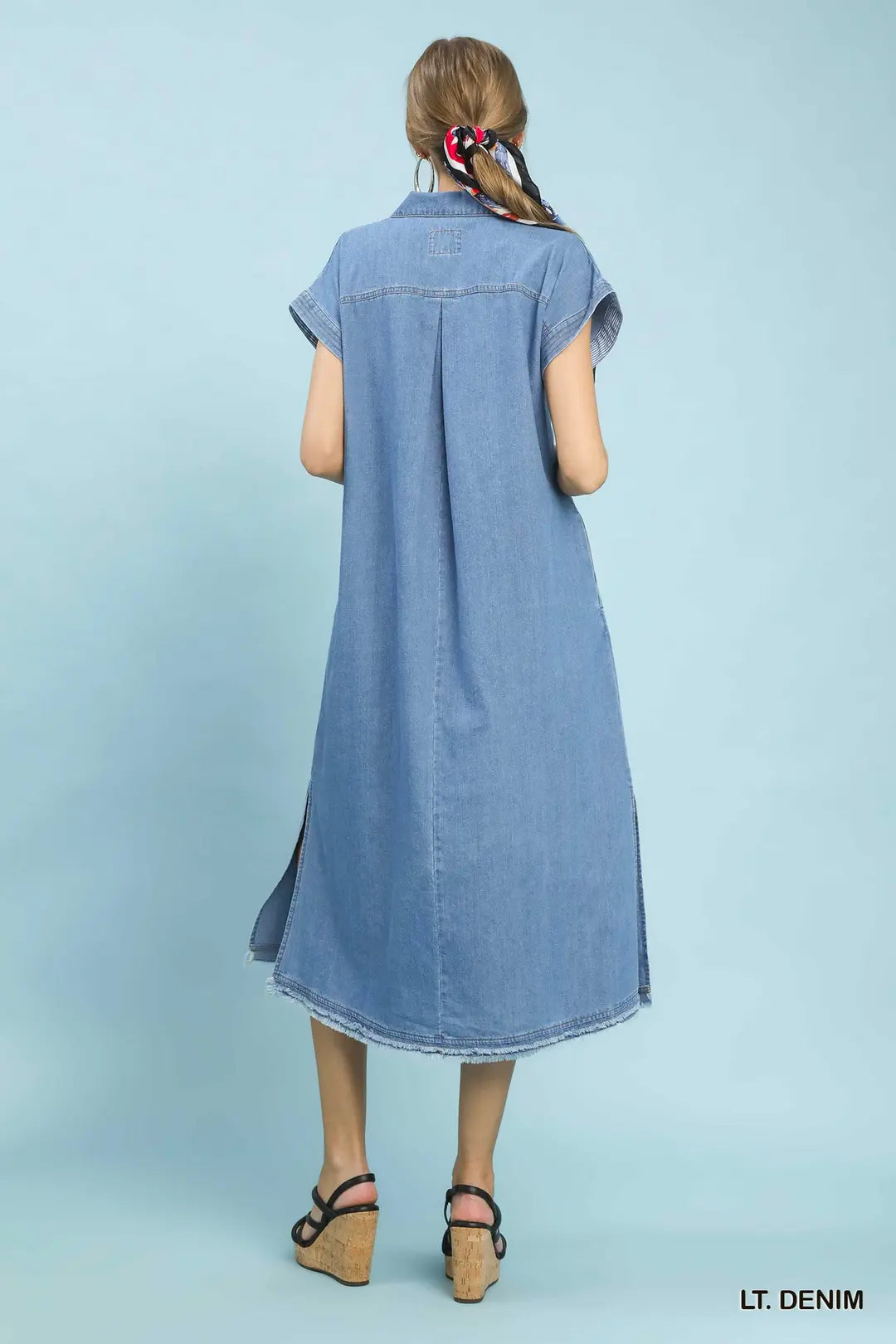 Umgee Stone Washed Collared Denim Midi Dress - LT. DENIM / S
