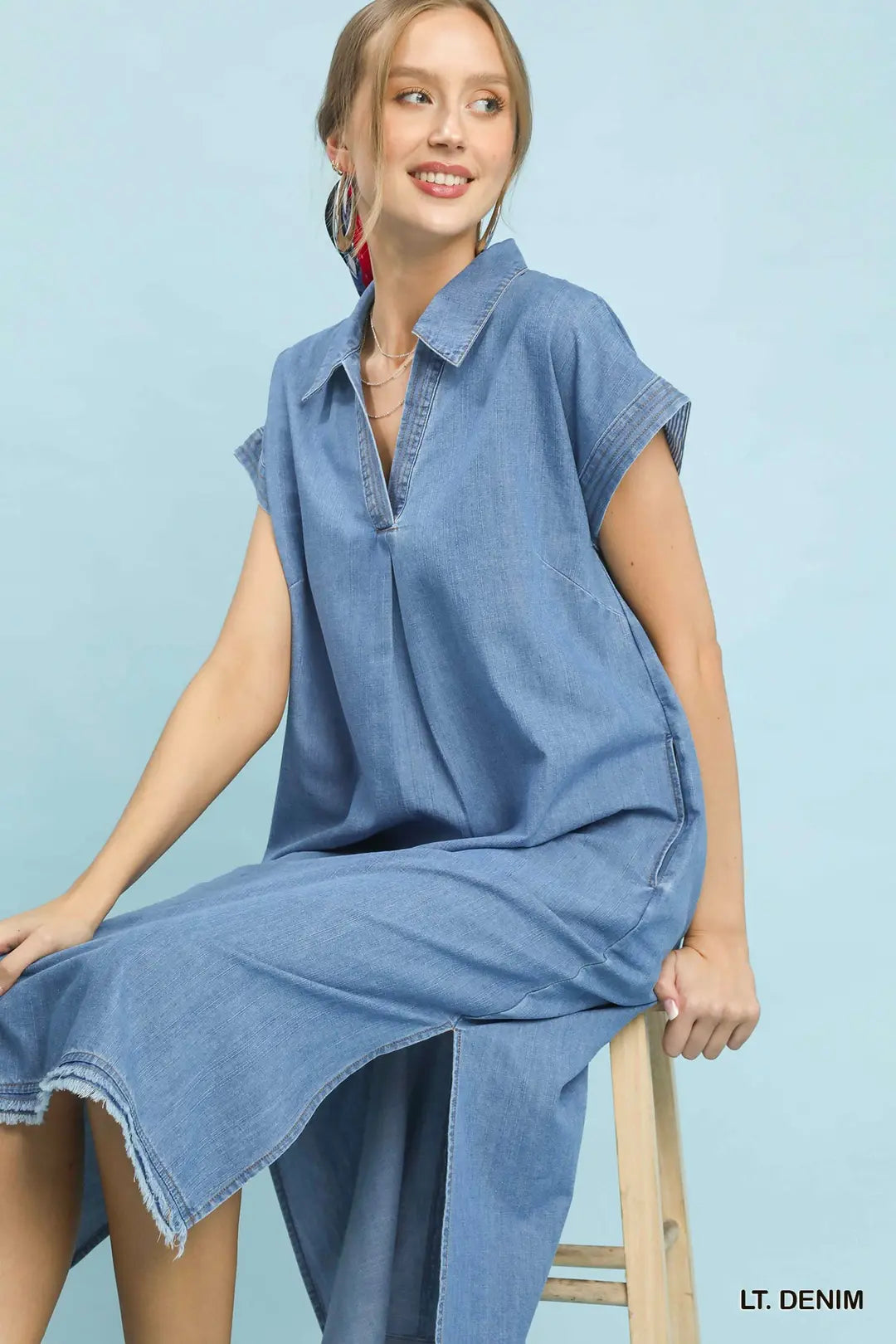 Umgee Stone Washed Collared Denim Midi Dress - LT. DENIM / S