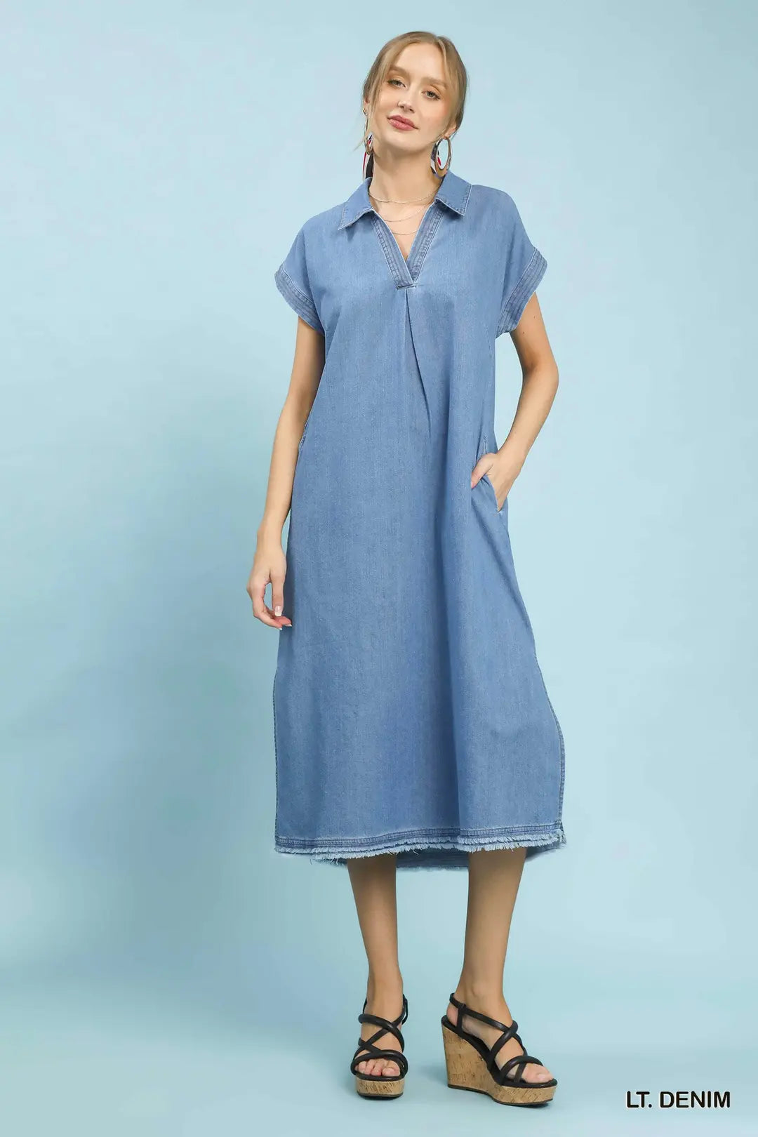 Umgee Stone Washed Collared Denim Midi Dress - LT. DENIM / S