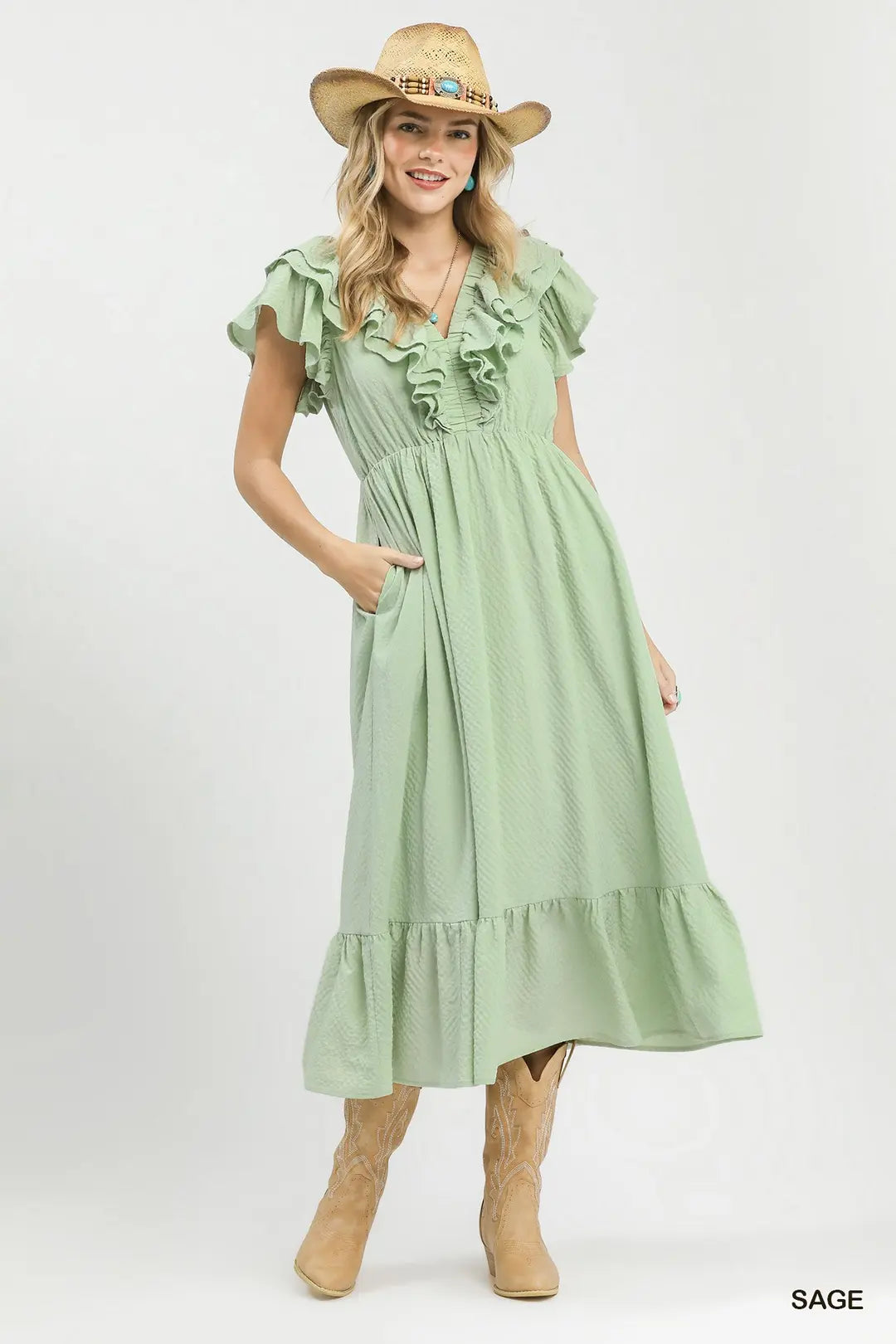 Umgee Textured Ruffle Midi Dress - SAGE / S