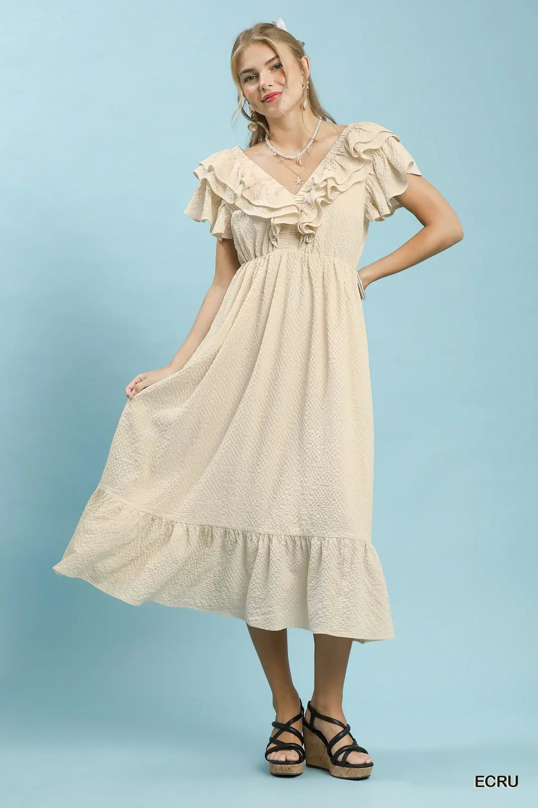 Umgee Textured Ruffle Midi Dress - Beige / S