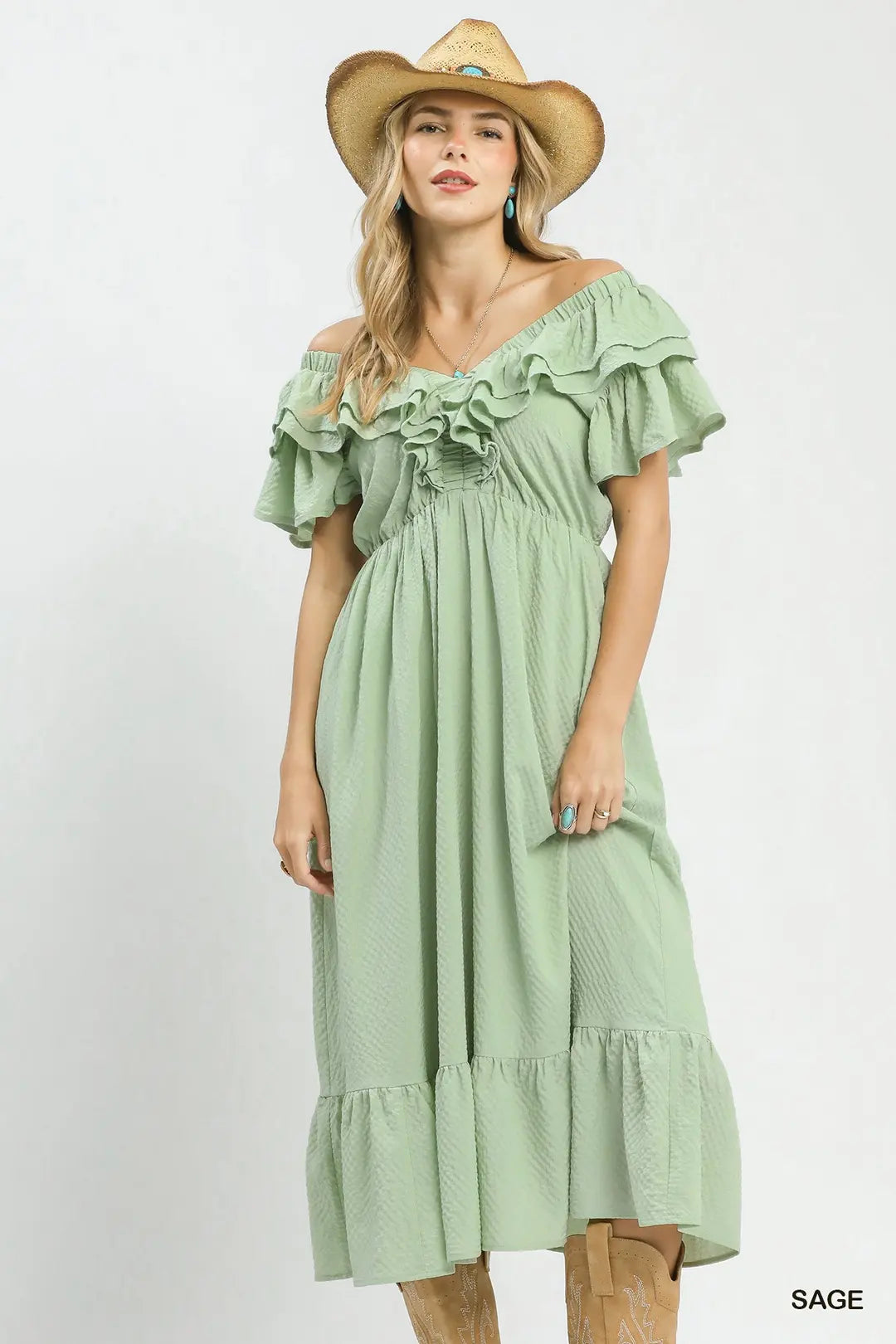 Umgee Textured Ruffle Midi Dress - SAGE / S