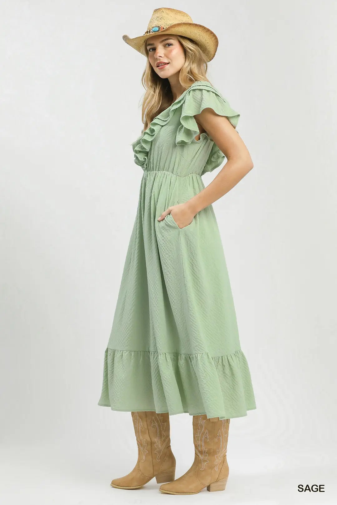Umgee Textured Ruffle Midi Dress - SAGE / S
