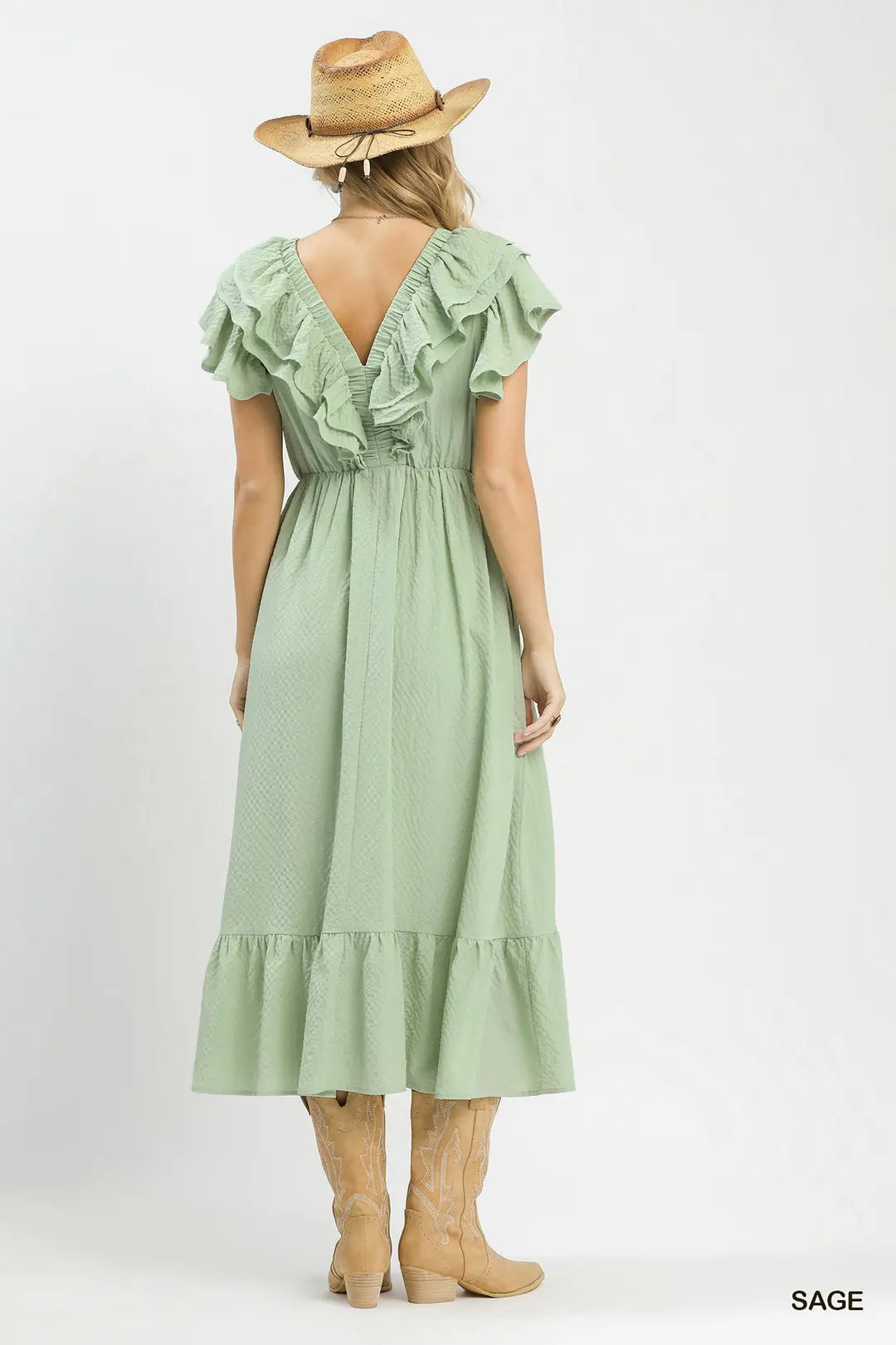Umgee Textured Ruffle Midi Dress - SAGE / S