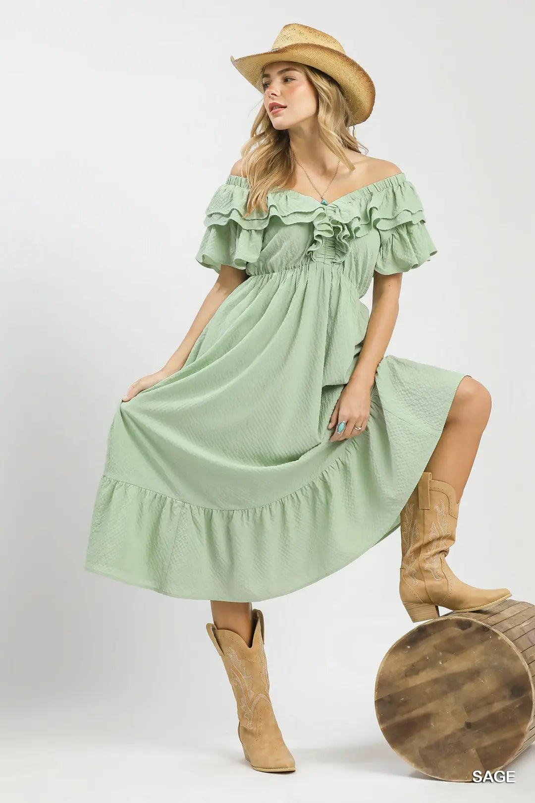Umgee Textured Ruffle Midi Dress - SAGE / S