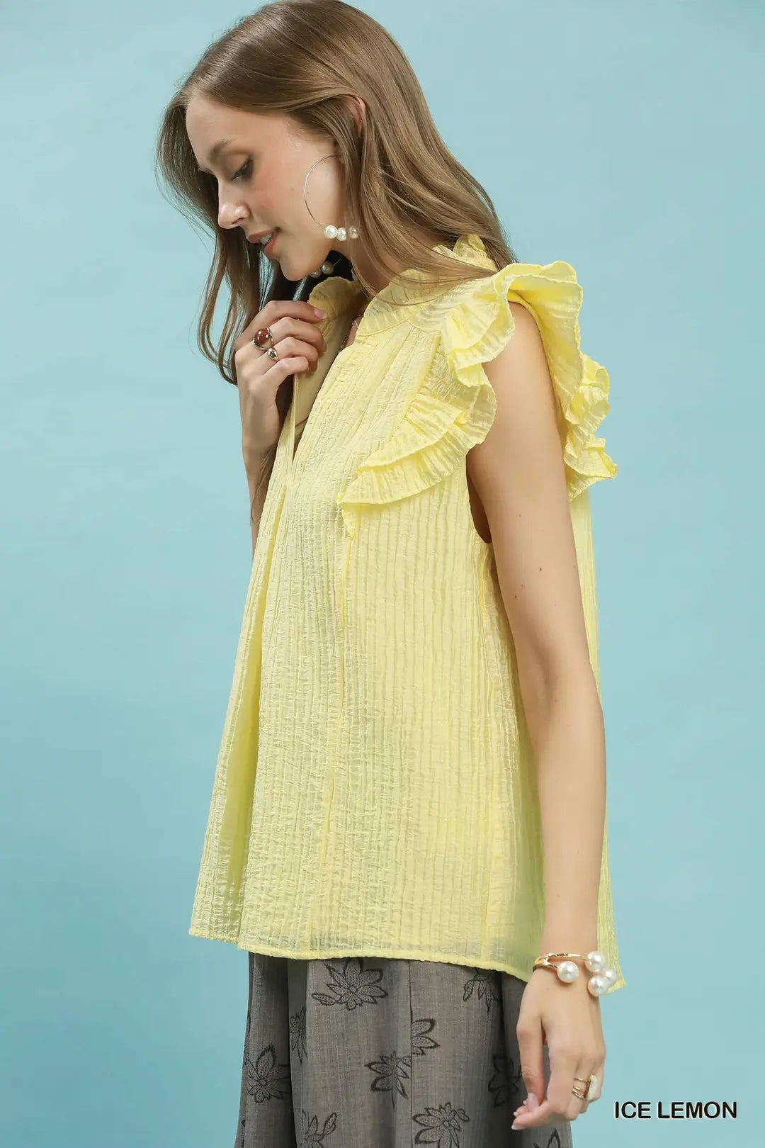 Umgee Textured Ruffle Sleeve Split V Neck Top - ICE LEMON / S