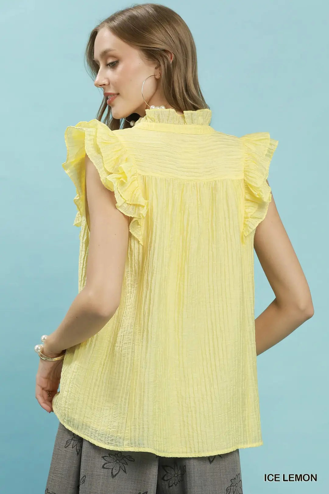 Umgee Textured Ruffle Sleeve Split V Neck Top - ICE LEMON / S