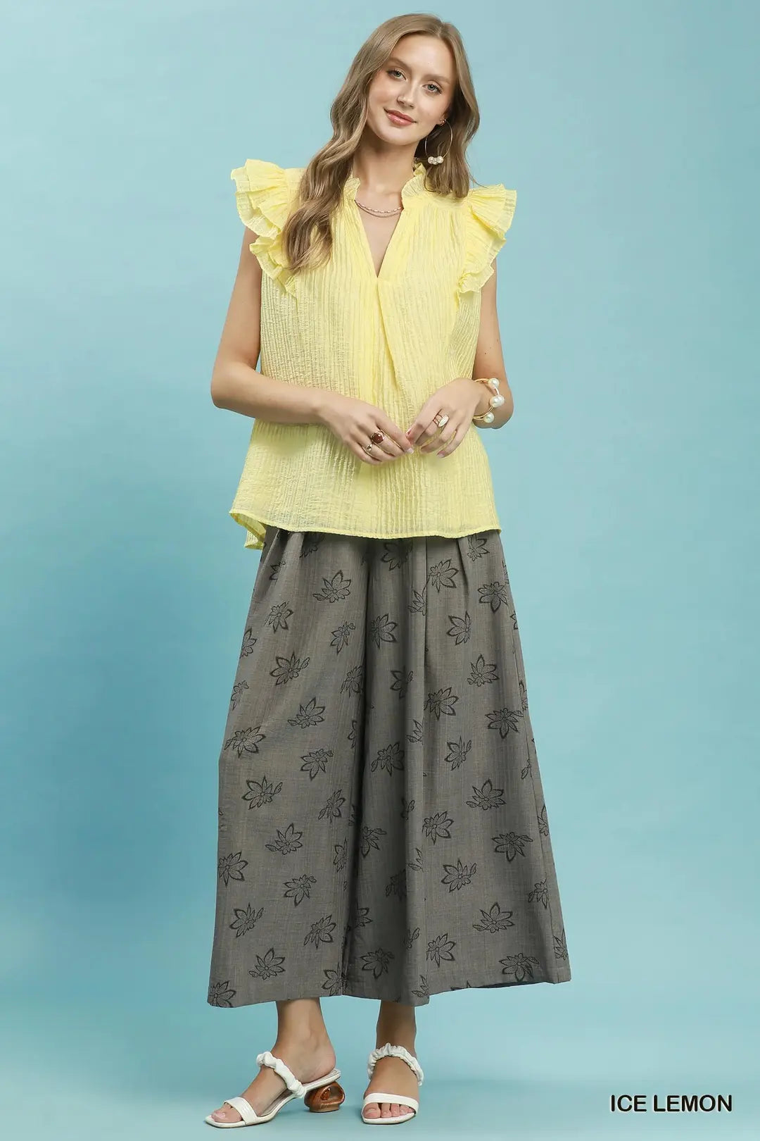 Umgee Textured Ruffle Sleeve Split V Neck Top - ICE LEMON / S