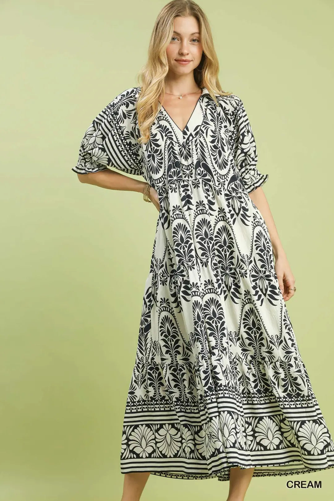 Umgee Two tone Border Print Midi Dress - CREAM / S